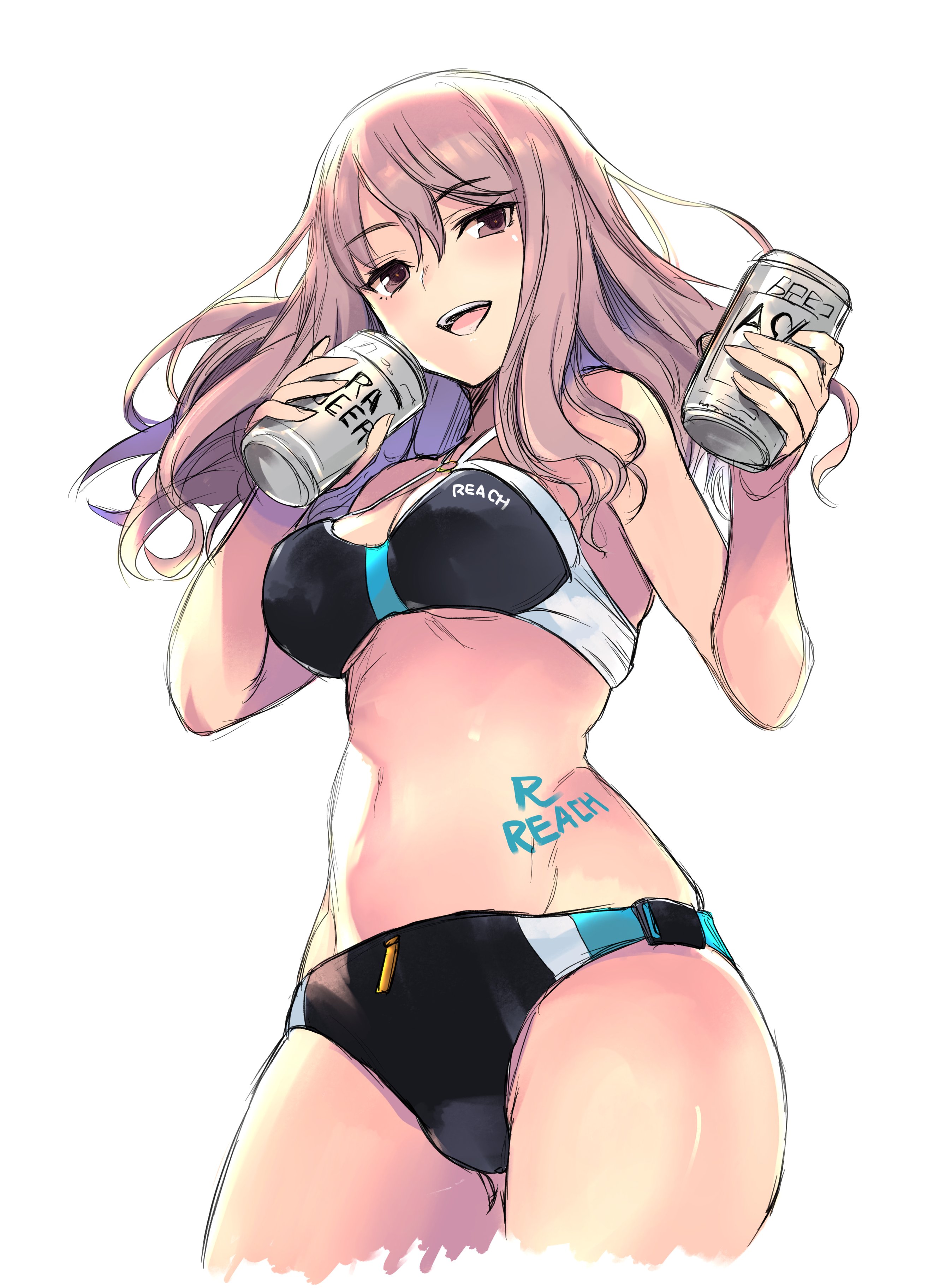 airport96, character request, copyright request, tagme, 1girl, can, looking at viewer, navel, simple background, smile, white background