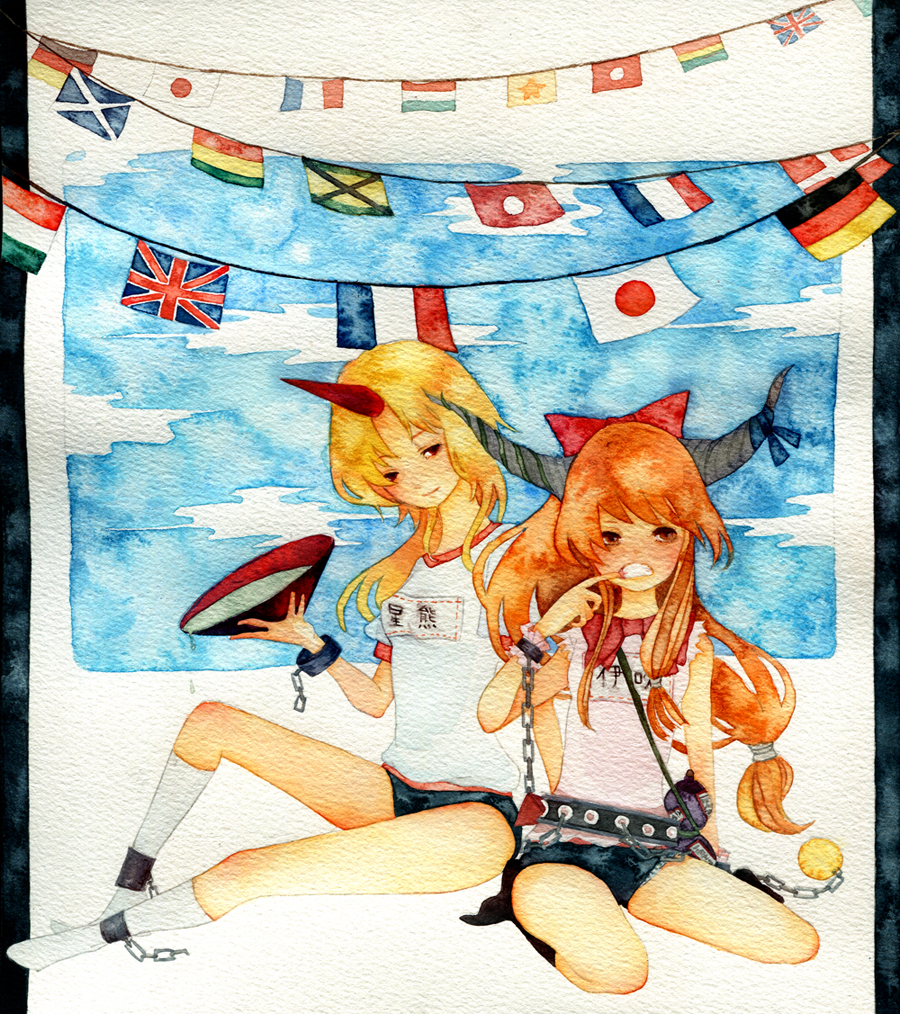 pinkxxxna, hoshiguma yuugi, ibuki suika, touhou, bad id, bad pixiv id, 2girls, alcohol, alternate costume, blonde hair, bottle, brown eyes, chain, cuffs, cup, danish flag, female focus, flag, flags of all nations, french flag, german flag, gym uniform, hair ribbon, holding, horns, japanese flag, kneehighs, long hair, multiple girls, orange hair, red eyes, ribbon, sakazuki, sake, single horn, sitting, sky, socks, string of flags, union jack