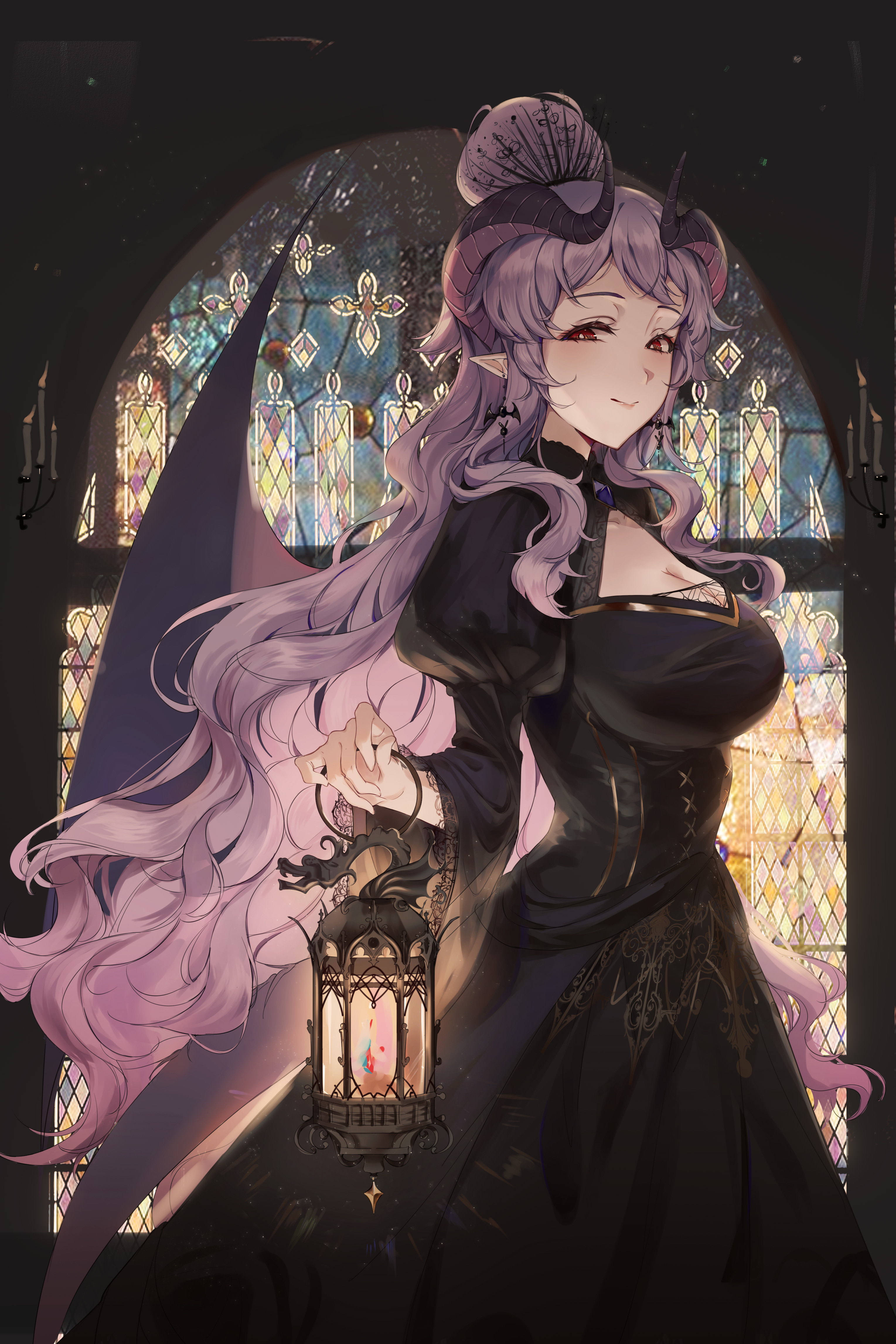 qianlilingjiang, homare (princess connect!), princess connect!, absurdres, commentary request, highres, 1girl, black dress, breasts, candle, curled horns, dragon girl, dragon tail, dress, hair bun, holding, holding lantern, horns, juliet sleeves, lantern, large breasts, long hair, long sleeves, looking at viewer, pointy ears, puffy sleeves, purple eyes, red eyes, smile, solo, stained glass, tail, very long hair, wavy hair, wings
