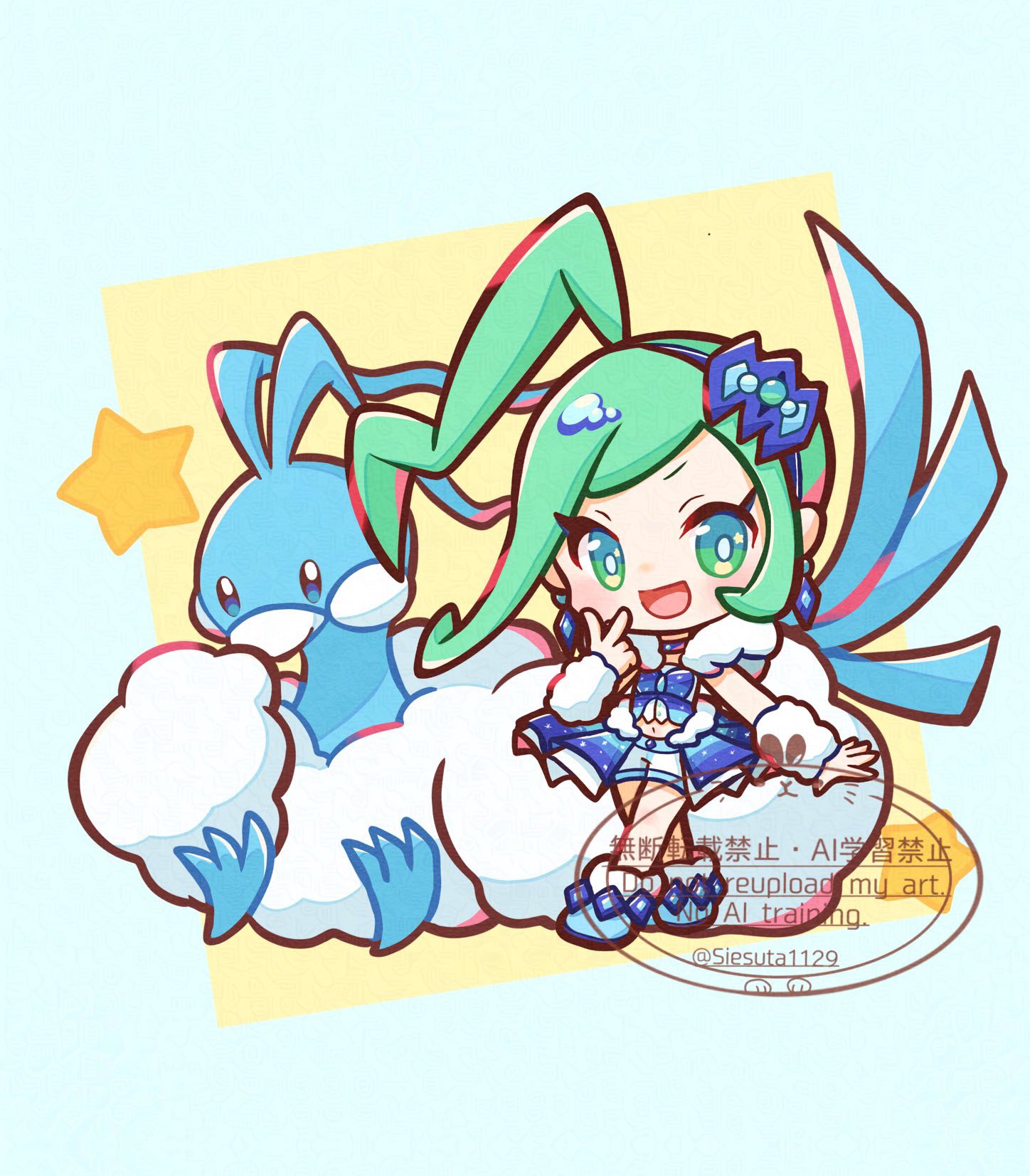 gokuaku rabbit, altaria, lisia (pokemon), nintendo, pokemon, pokemon oras, commentary request, highres, 1girl, :d, arm warmers, blue choker, blue hairband, blue skirt, chibi, chibi only, choker, earrings, full body, gen 3 pokemon, green eyes, green hair, hairband, jewelry, looking at viewer, midriff, navel, open mouth, pokemon (creature), ponytail, shorts, shorts under skirt, showgirl skirt, skirt, smile, star (symbol), star in eye, symbol in eye, v, white arm warmers, white shorts