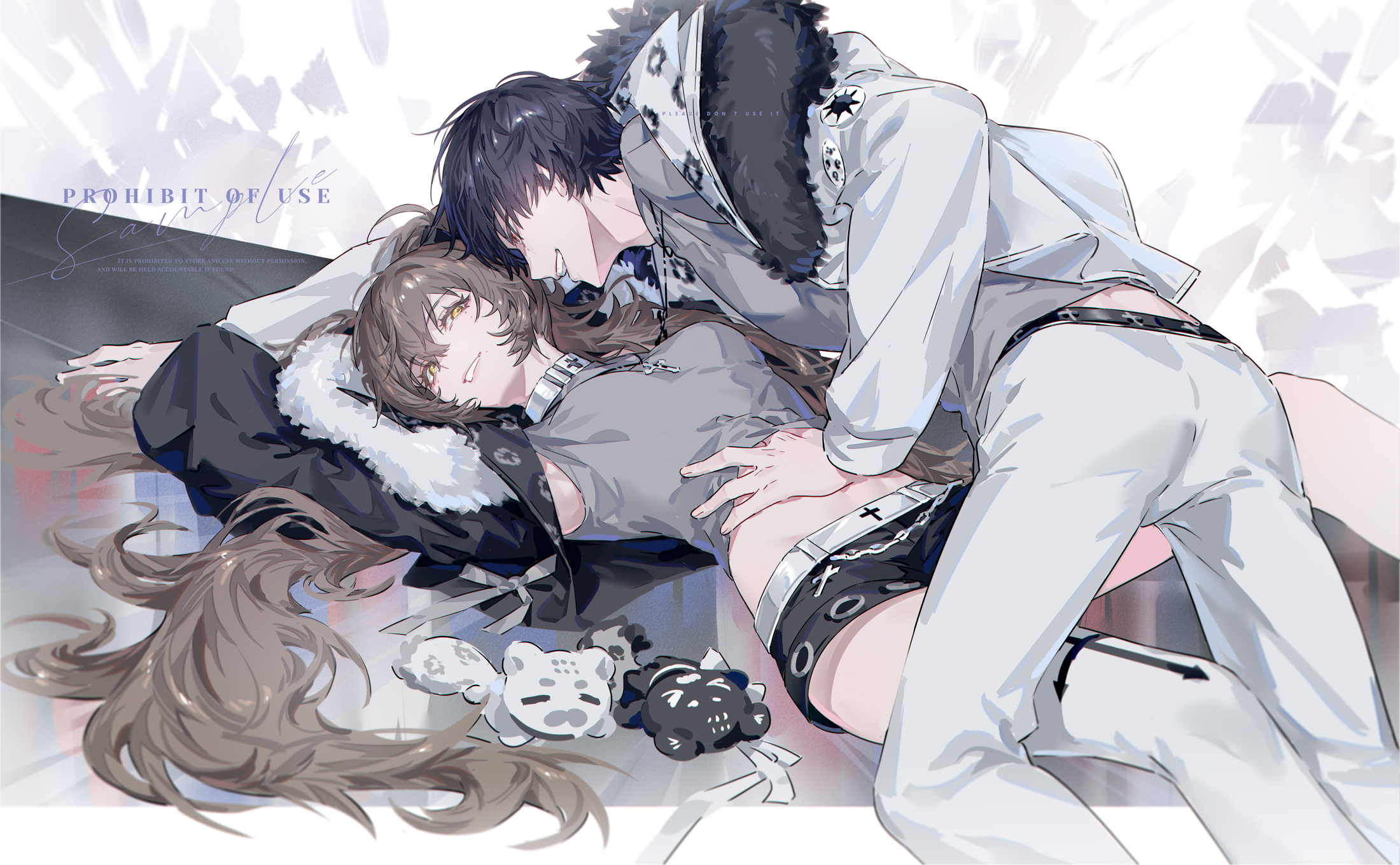 anchun (quail0503), original, highres, image sample, mihuashi sample, 1boy, 1girl, belt, black hair, black jacket, black shorts, brown hair, couple, cross, cross necklace, eyelashes, fur trim, grin, hand on another's stomach, jacket, jewelry, long hair, long sleeves, looking at another, lying, necklace, on back, open mouth, pants, sample watermark, short hair, short shorts, shorts, sidelocks, smile, watermark, white belt, white pants, yellow eyes