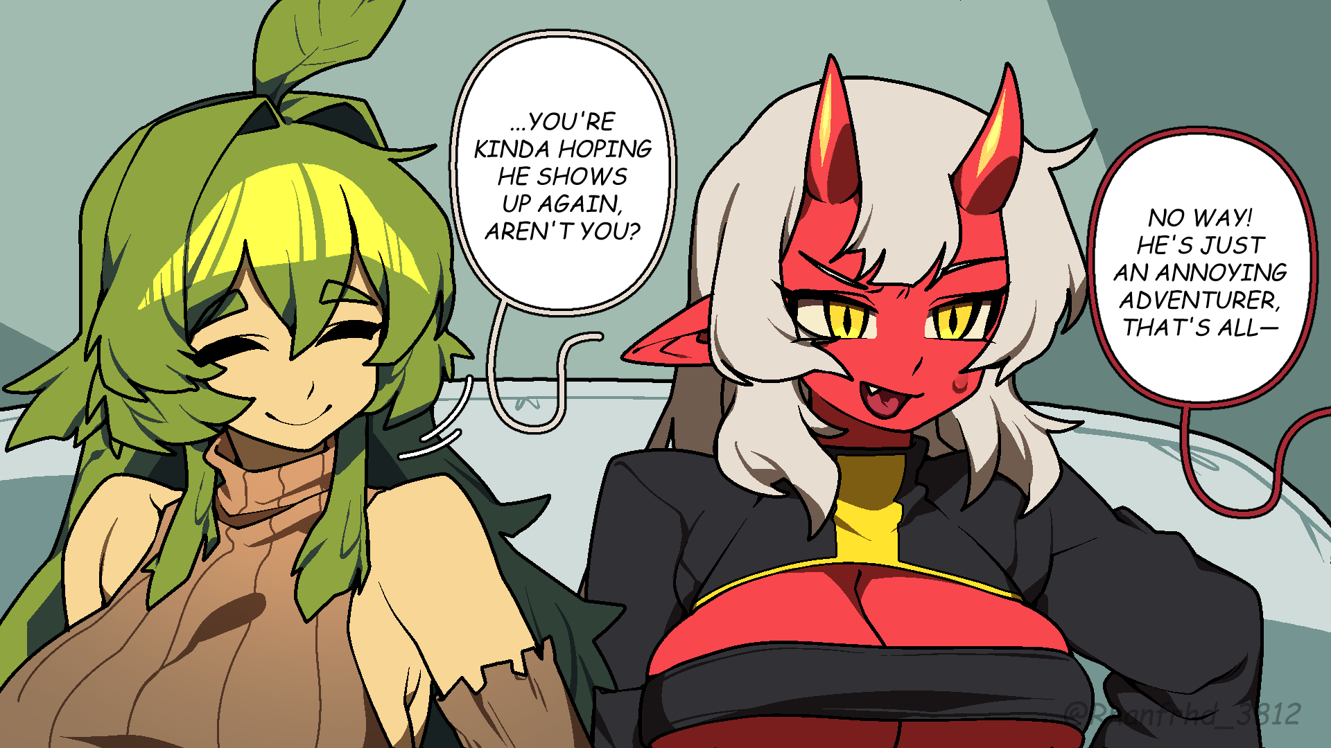 junkzero, alraune, original, highres, 2girls, bare shoulders, breasts, cleavage, colored skin, couch, detached sleeves, english text, green hair, grey hair, hair between horns, horns, indoors, long hair, long sleeves, monster girl, multiple girls, plant girl, plant hair, pointy ears, red skin, virgin killer sweater, yellow eyes