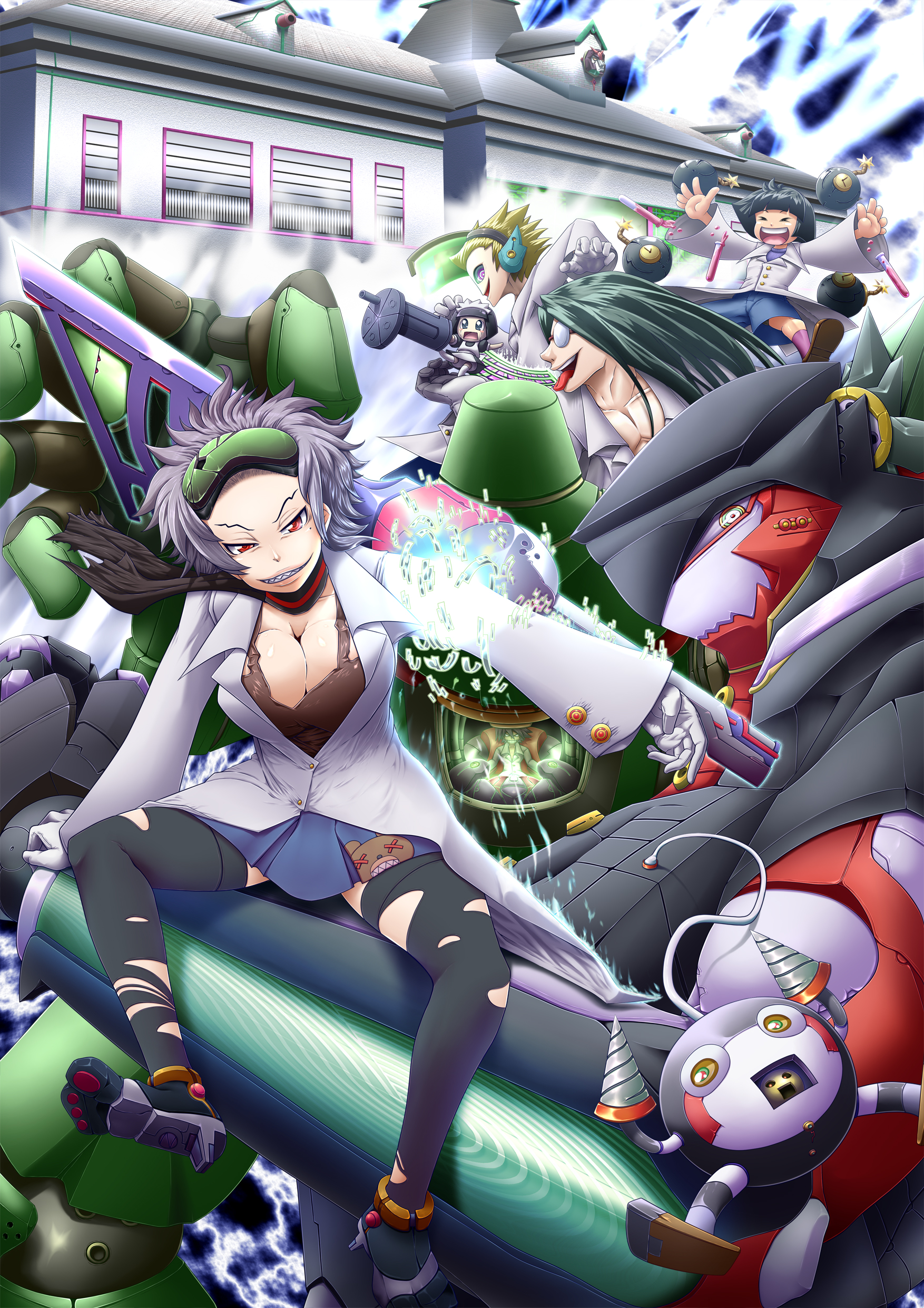 umetarou (shujinko kidori), original, torn legwear, absurdres, highres, 3girls, 4boys, drill, fang, grin, mecha, mole, mole under eye, multiple boys, multiple girls, purple hair, red eyes, robot, scarf, skirt, smile, thighhighs, torn clothes