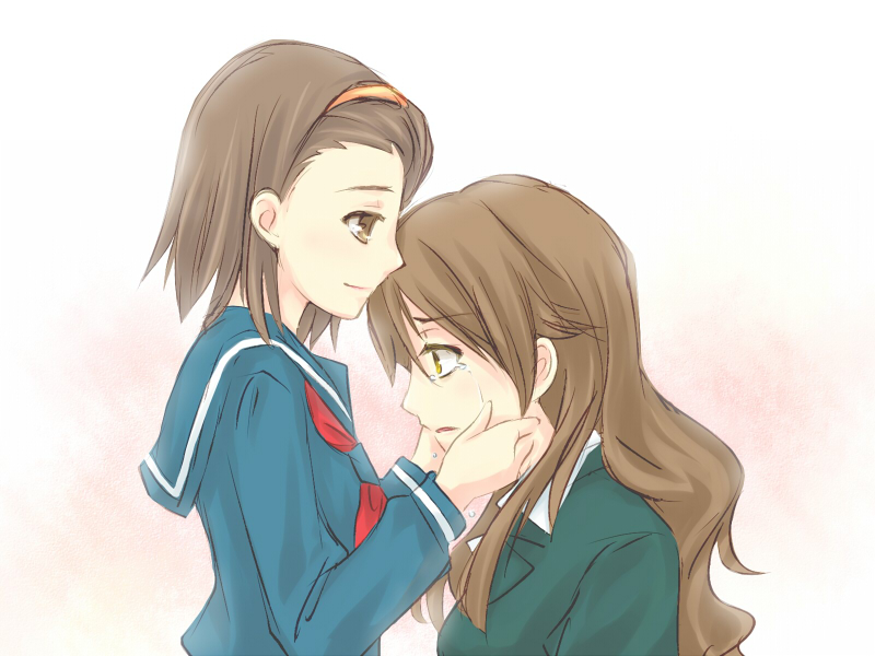 piku, edasaki banri, kiyama harumi, toaru kagaku no railgun, toaru majutsu no index, brown eyes, brown hair, hairband, long hair, school uniform, serafuku, short hair, tears