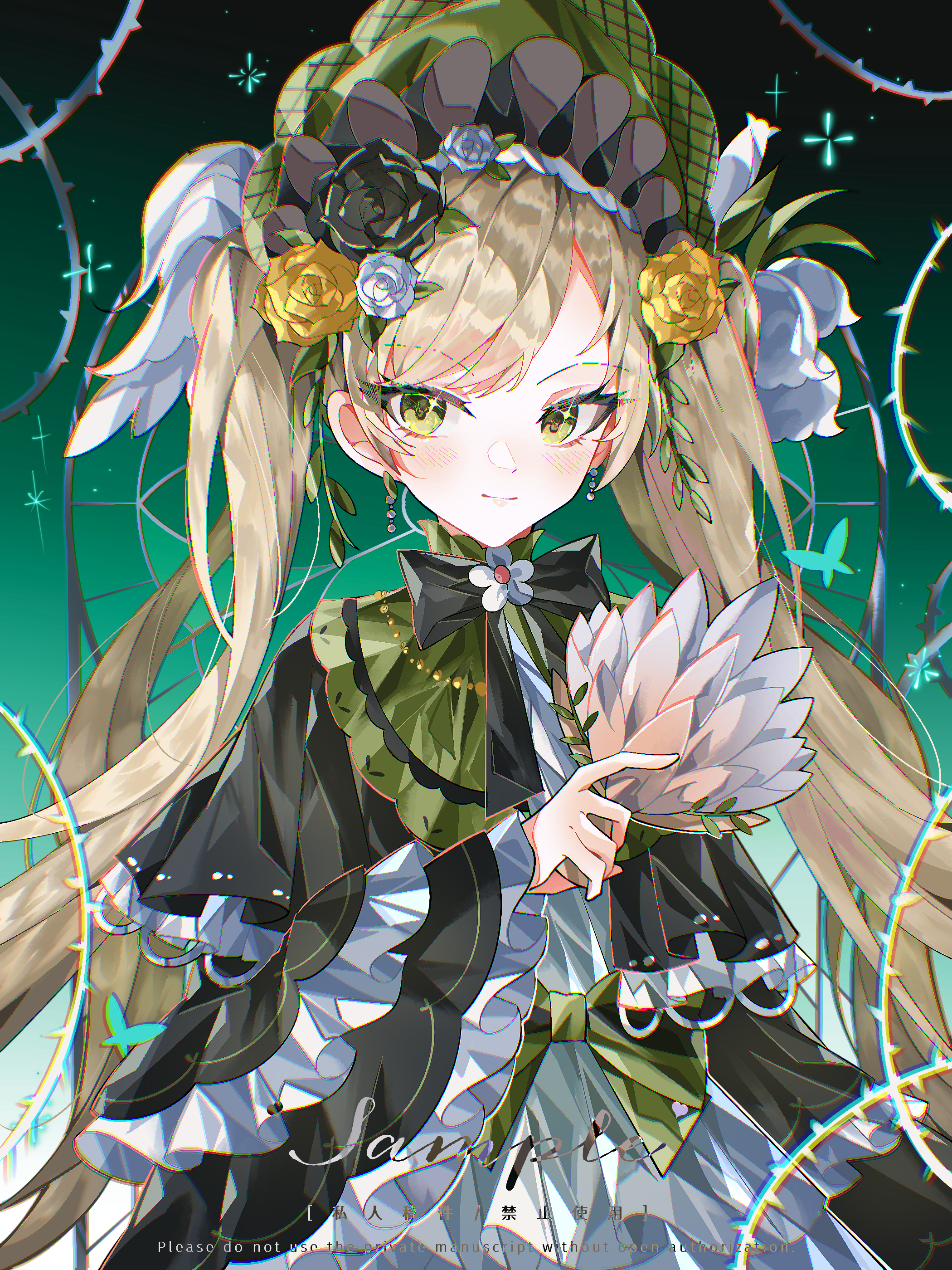 tono hanna, mahou shoujo no majo saiban, absurdres, chinese commentary, commentary request, highres, 1girl, black bow, black dress, blonde hair, blush, bonnet, bow, bowtie, closed mouth, dress, feather fan, flower, frilled sleeves, frills, green background, green eyes, green flower, hair flower, hair ornament, holding, jewelry, lolita fashion, long hair, long sleeves, looking at viewer, rose, smile, solo, twintails, very long hair, weizhishu vicky, white flower, wide sleeves, yellow flower