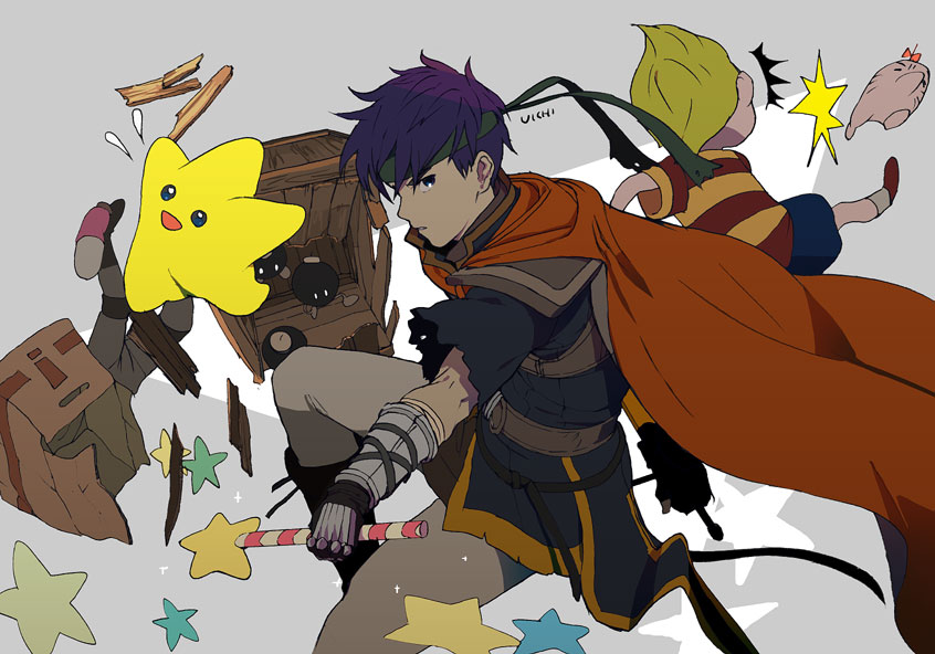 uichi, bob-omb, doseisan, ike (fire emblem), lucas (mother 3), solid snake, stafy, starfy, fire emblem, fire emblem: path of radiance, mario (series), metal gear (series), metal gear solid, mother (series), mother 3, nintendo, super smash bros., 3boys, ^^^, blonde hair, blouse, blue eyes, blue hair, box, cape, cardboard box, crate, crossover, gloves, headband, male focus, multiple boys, rod, shirt, striped clothes, striped shirt