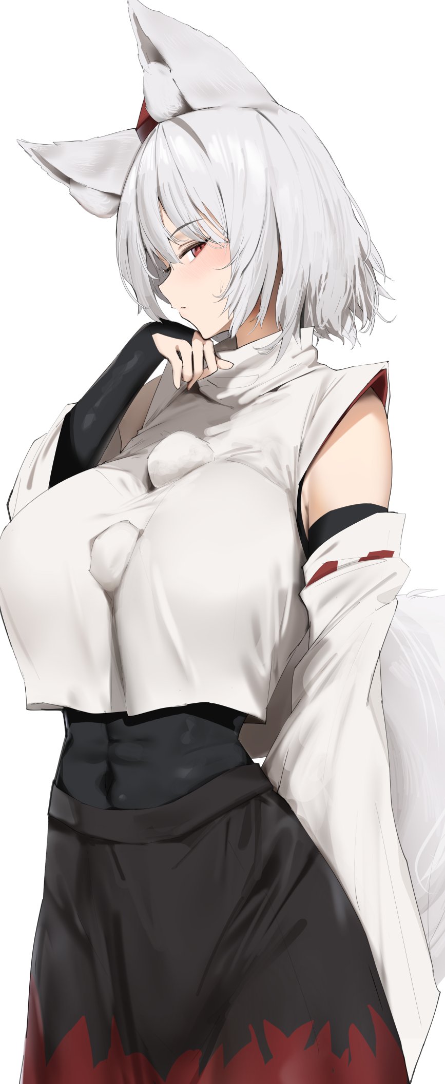 258n, inubashiri momiji, touhou, commentary, highres, 1girl, animal ear fluff, animal ears, black bridal gauntlets, black skirt, breasts, bridal gauntlets, cowboy shot, detached sleeves, grey hair, hand up, hat, large breasts, looking at viewer, pom pom (clothes), red eyes, red hat, shirt, short hair, sideways glance, simple background, skirt, sleeveless, sleeveless shirt, solo, tail, tokin hat, turtleneck, turtleneck shirt, undershirt, white background, white shirt, white sleeves, wolf ears, wolf girl, wolf tail