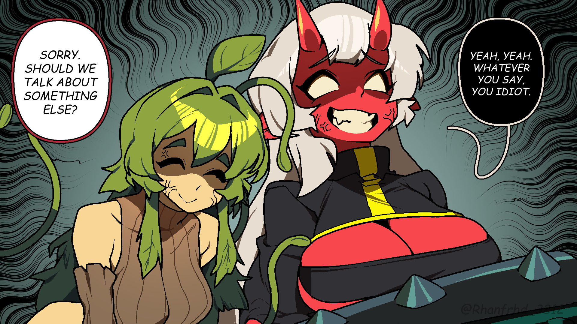 junkzero, alraune, original, highres, 2girls, angry, bare shoulders, breasts, cleavage, club, club (weapon), colored skin, couch, detached sleeves, english text, green hair, grey hair, hair between horns, horns, indoors, kanabou, long hair, long sleeves, monster girl, multiple girls, plant, plant girl, plant hair, pointy ears, red skin, shaded face, spiked club, vines, virgin killer sweater, weapon, yellow eyes