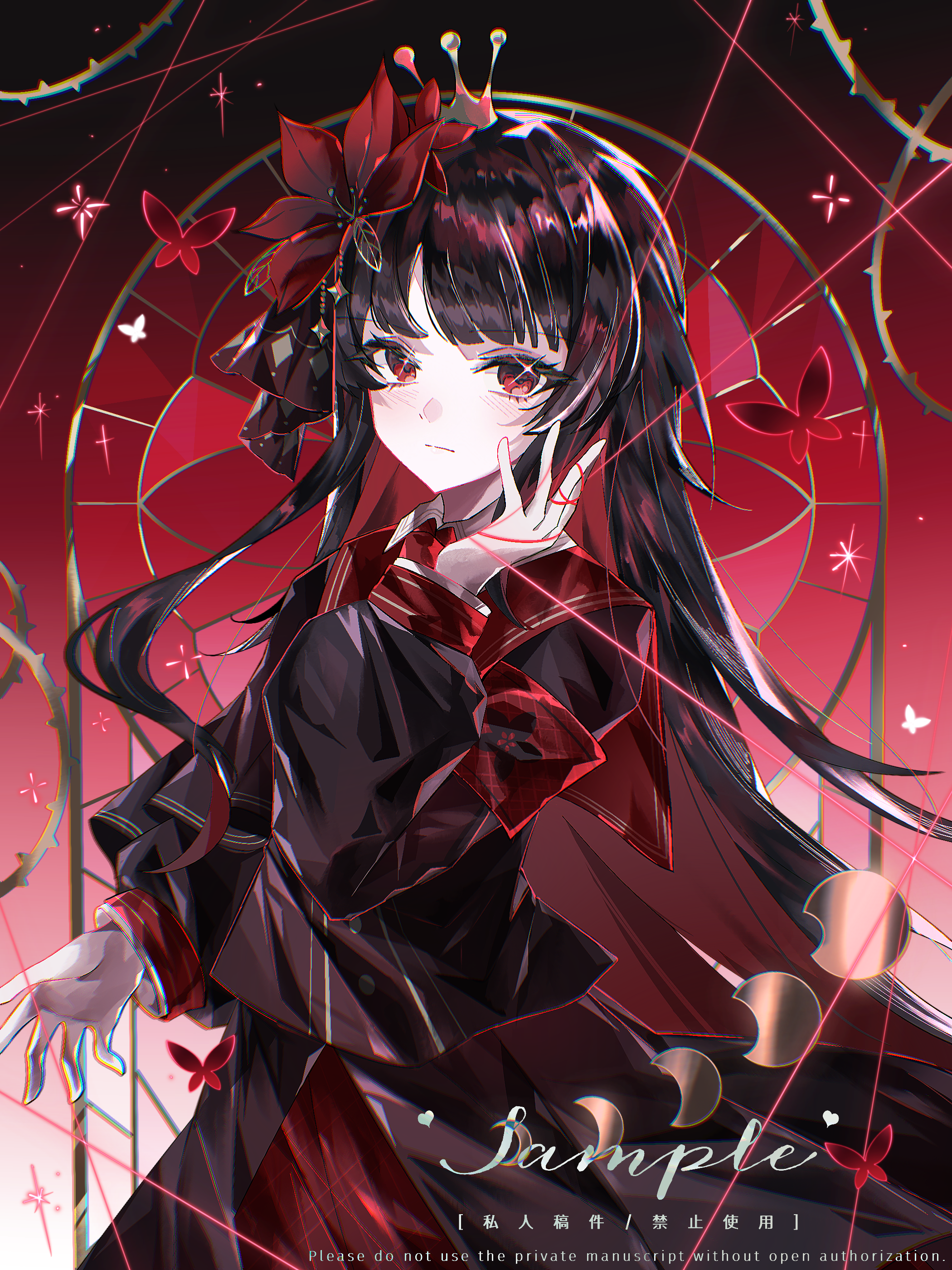 nikaido hiro, mahou shoujo no majo saiban, absurdres, chinese commentary, commentary request, highres, 1girl, black hair, bug, butterfly, closed mouth, colored inner hair, crown, english text, flower, hair flower, hair ornament, hand up, insect, long hair, long sleeves, looking at viewer, multicolored hair, red background, red eyes, red hair, red skirt, red theme, sailor collar, shirt, skirt, solo, very long hair, weizhishu vicky