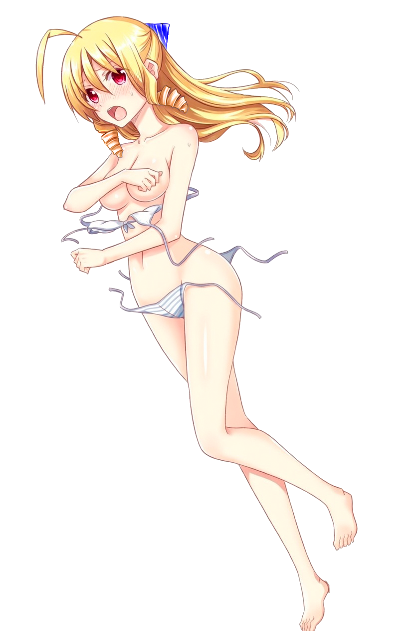 hata kenjirou, tennousu athena, hayate no gotoku!, colorized, highres, third-party edit, 1girl, ahoge, bikini, bikini pull, blonde hair, blush, breasts, cleavage, clothes pull, collarbone, convenient censoring, covering breasts, covering privates, drill hair, feet, large breasts, legs, long hair, looking at viewer, navel, red eyes, simple background, solo, stomach, striped bikini, striped clothes, swimsuit, thighs, toes, transparent background, very long hair