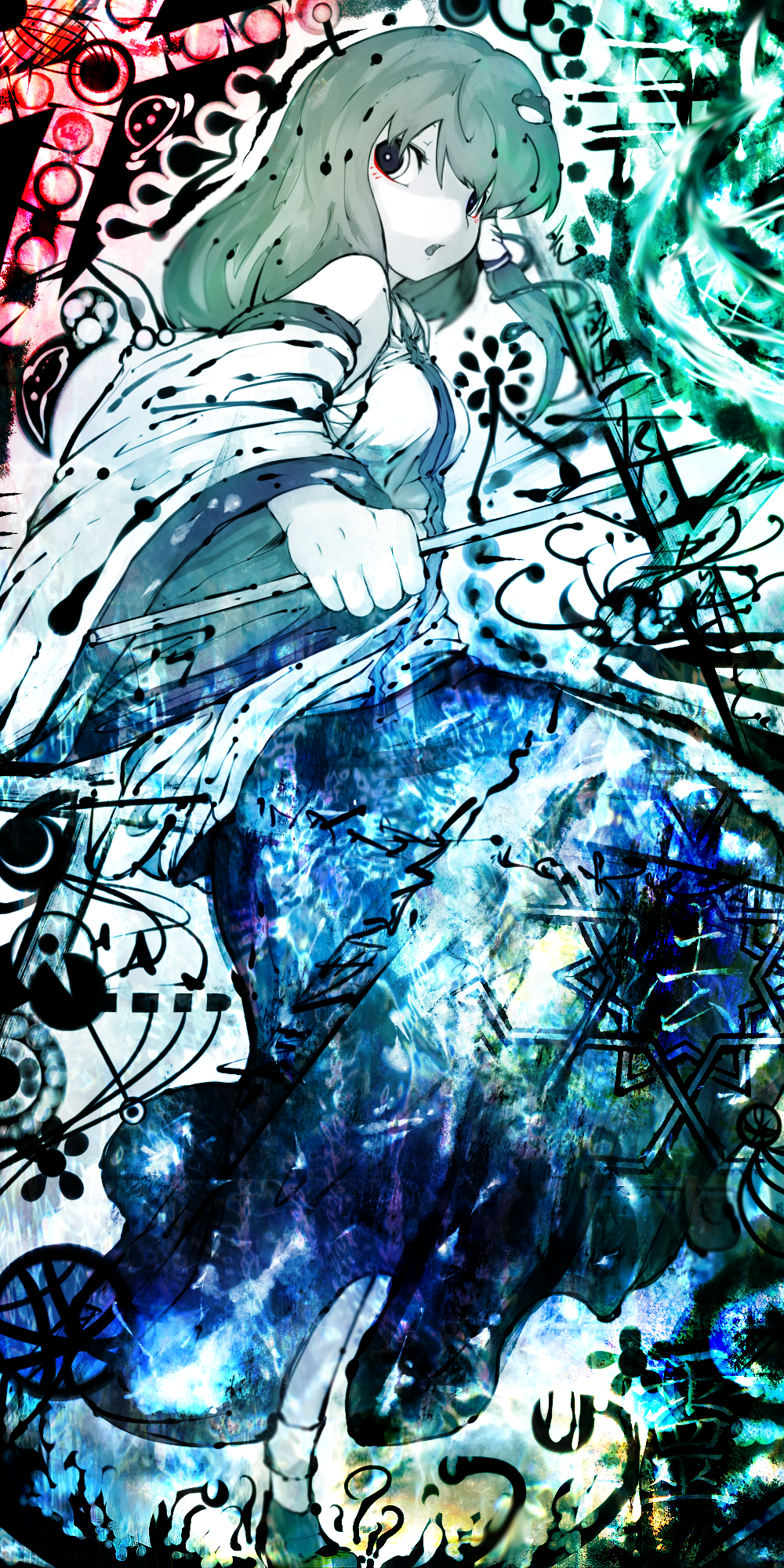 koohee, kochiya sanae, touhou, bad id, bad pixiv id, highres, 1girl, detached sleeves, female focus, gohei, green hair, hair ornament, oonusa, solo