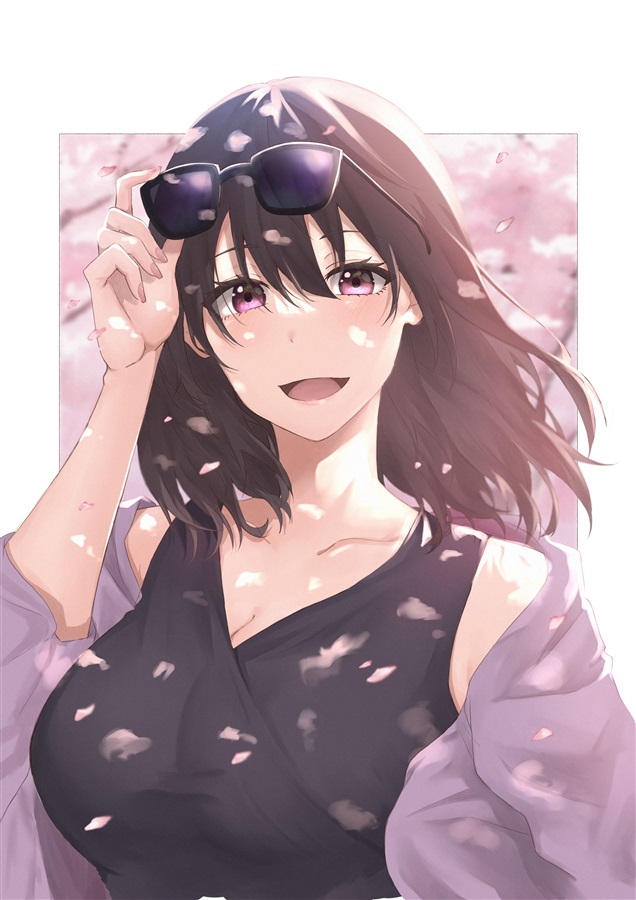 light (lightpicture33), yukinoshita haruno, yahari ore no seishun lovecome wa machigatteiru., traditional media, 1girl, adjusting eyewear, alternate costume, black hair, blush, breasts, cherry blossoms, cleavage, collarbone, eyewear on head, falling petals, hand on eyewear, hand up, jacket, large breasts, looking at viewer, off shoulder, open mouth, petals, pink jacket, purple eyes, shirt, sleeveless, sleeveless shirt, smile, solo, sunglasses, upper body, white shirt