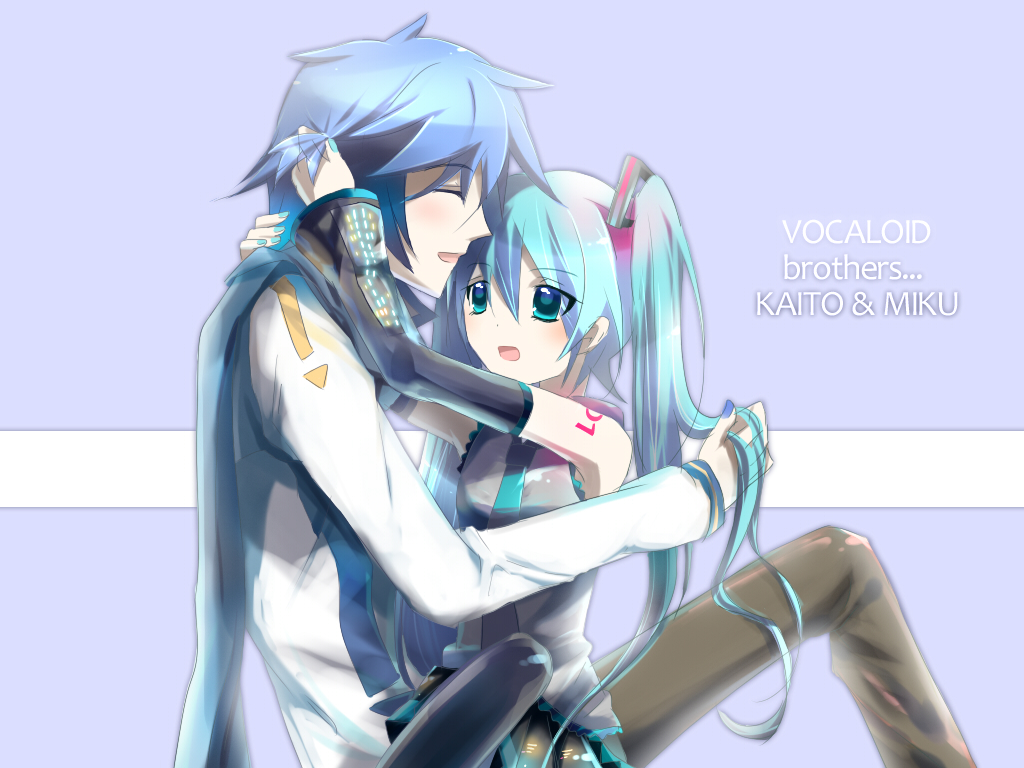 ku-y, hatsune miku, kaito (vocaloid), vocaloid, bad id, bad pixiv id, 1boy, 1girl, aqua eyes, aqua hair, blue hair, blue scarf, couple, detached sleeves, hetero, hug, long hair, scarf, skirt, smile, twintails, very long hair