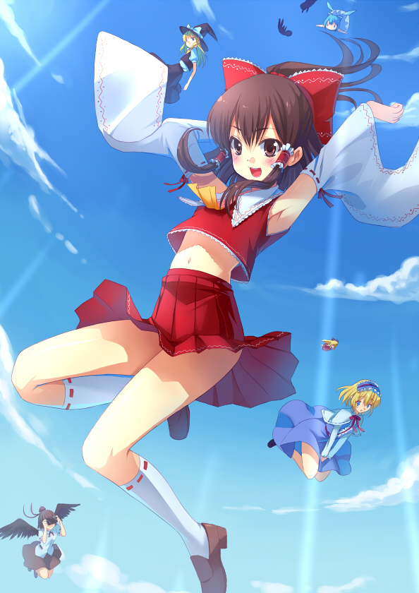 xiangtu, alice margatroid, cirno, hakurei reimu, kirisame marisa, shameimaru aya, shanghai doll, touhou, bad id, bad pixiv id, 3girls, 5girls, black hair, black wings, blonde hair, blue eyes, blue hair, bow, brown eyes, brown hair, camera, detached sleeves, doll, flat chest, hair bow, hat, hat ribbon, kneehighs, midriff, multiple girls, ribbon, shoes, skirt, socks, tokin hat, wings, witch, witch hat, | |