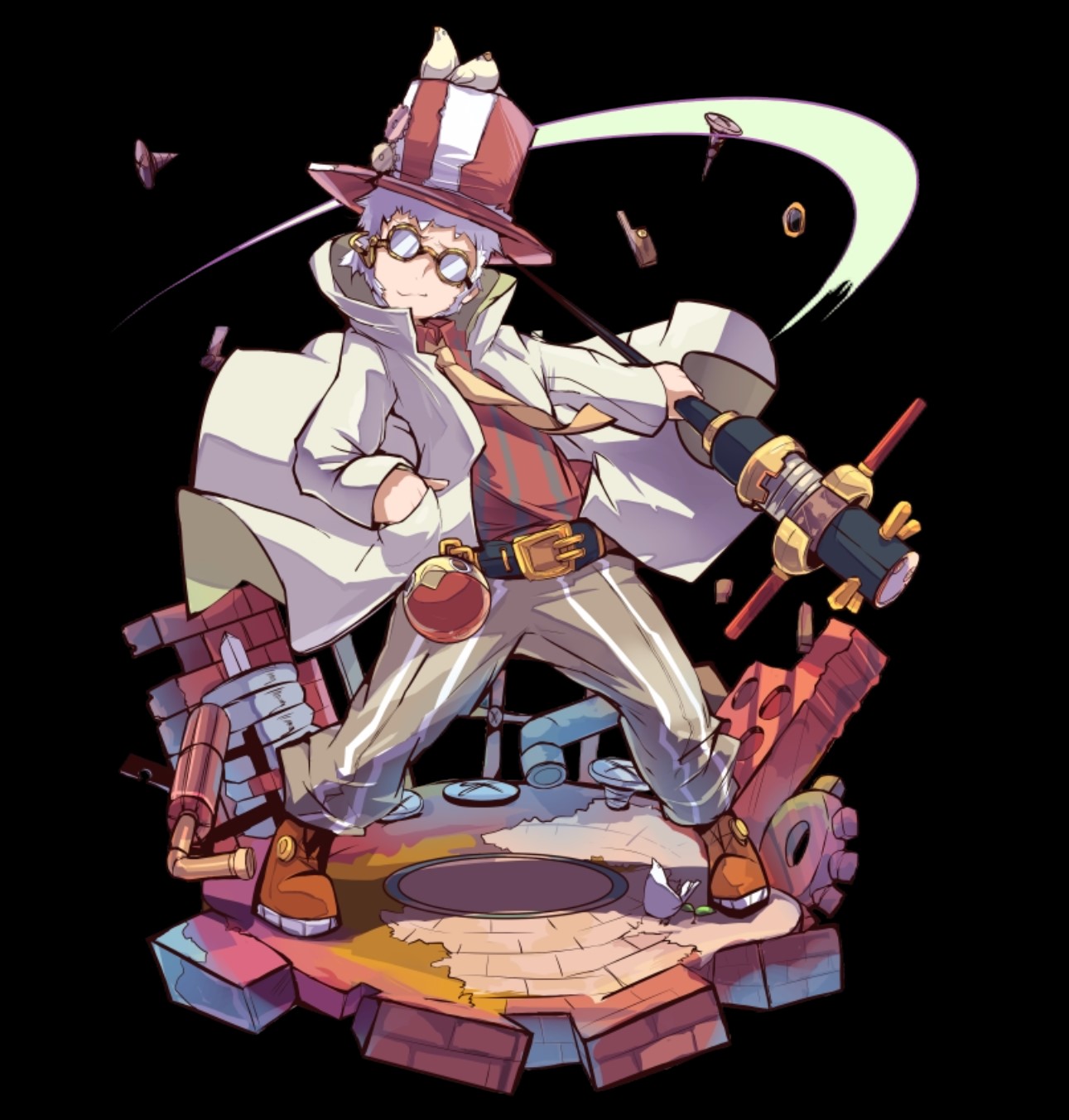 merc storia art team, merc storia, highres, official art, 1boy, animal, animal on head, belt, bird, black background, black belt, boots, brick, brick floor, brick wall, brown boots, claude (merc storia), closed mouth, coat, collared shirt, dove, full body, glasses, hand in pocket, hat, holding, holding staff, long sleeves, motion lines, on head, opaque glasses, outstretched arm, pants, purple hair, red shirt, screw, shirt, short hair, simple background, smile, solo, staff, standing, striped clothes, striped hat, striped pants, striped shirt, tachi-e, top hat, very short hair, white coat