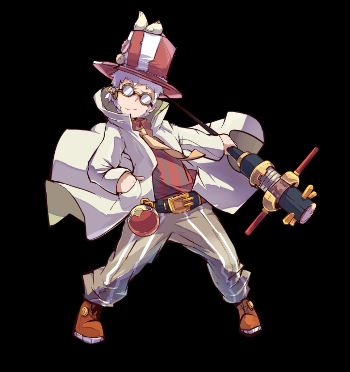 merc storia art team, merc storia, highres, official art, 1boy, animal, animal on head, belt, bird, black background, black belt, boots, brown boots, claude (merc storia), closed mouth, coat, collared shirt, dove, full body, glasses, hand in pocket, hat, holding, holding staff, long sleeves, on head, opaque glasses, outstretched arm, pants, purple hair, red shirt, shirt, short hair, simple background, smile, solo, staff, standing, striped clothes, striped hat, striped pants, striped shirt, tachi-e, top hat, very short hair, white coat
