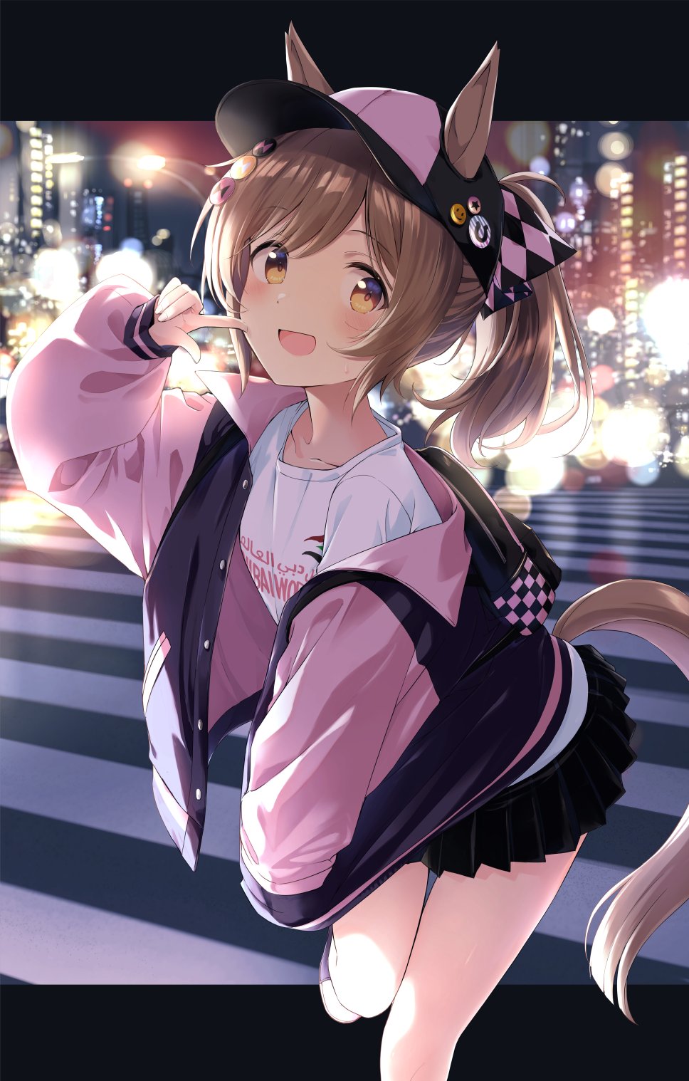 murasaki himuro, smart falcon (umamusume), umamusume, commentary request, highres, 1girl, animal ears, baseball cap, black bag, black jacket, black skirt, blush, breasts, brown eyes, brown hair, collarbone, ears through headwear, hair between eyes, hair ornament, hand in pocket, hat, hat pin, horse ears, horse girl, horse tail, jacket, long hair, looking at viewer, open mouth, pink jacket, pleated skirt, ponytail, shirt, skirt, smile, solo, tail, white shirt