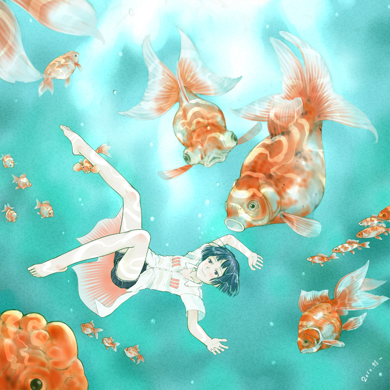 aihara kaichi, original, highres, 1girl, barefoot, black hair, blouse, bob cut, collared shirt, feet, female focus, fish, goldfish, legs, long legs, shirt, short hair, solo, underwater, white shirt