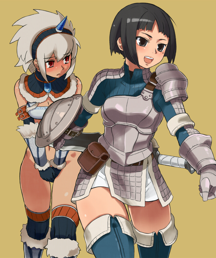 tarayama, ms. m.h., capcom, monster hunter (series), character request, 2girls, armor, black hair, blush, bottomless, embarrassed, hairband, horns, kirin (armor), knight, mole, mole under eye, multiple girls, red eyes, shield, short hair, single horn, sword, thighhighs, weapon