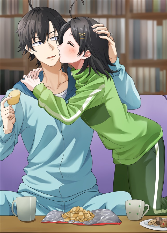 light (lightpicture33), hikigaya hachiman, hikigaya komachi, yahari ore no seishun lovecome wa machigatteiru., merchandise available, 1boy, 1girl, ahoge, black hair, blue hoodie, blue pants, blush, bookshelf, brother and sister, chips (food), closed eyes, collarbone, cookie, couch, cup, feet out of frame, food, green jacket, green pants, green track suit, hair ornament, hand on another's head, headpat, hetero, holding, holding food, hood, hoodie, hug, indoors, jacket, kiss, kissing cheek, kneeling, long sleeves, looking at another, medium hair, on couch, pants, parted lips, potato chips, profile, short hair, siblings, sitting, table, track jacket, track suit, x hair ornament