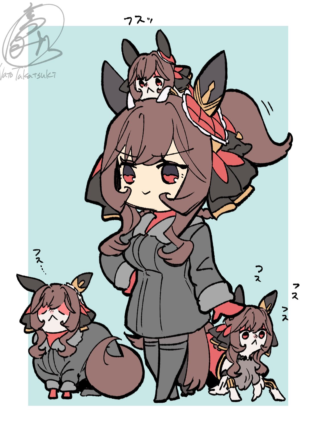 takatsuki nato, gentildonna (regina dei fiori) (umamusume), gentildonna (umamusume), umamusume, commentary request, highres, 1girl, :<, animal, animal ears, animal on head, animalization, black coat, black thighhighs, braid, braided hair rings, breasts, brown hair, closed eyes, closed mouth, clothed animal, coat, ear covers, ear ornament, grey pantyhose, hair between eyes, hair ornament, hair rings, heart-shaped ornament, heart ear ornament, horse ears, horse girl, horse tail, long hair, mittens, on head, pantyhose, person and animalization, ponytail, recursive animalization, red eyes, red mittens, red sweater, smile, sweater, tail, thighhighs, winter clothes, winter coat