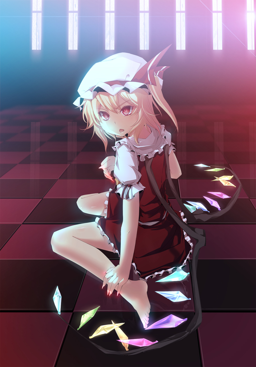 asskiler, flandre scarlet, embodiment of scarlet devil, touhou, bad id, bad pixiv id, highres, 1girl, barefoot, blonde hair, bloom, checkered floor, fang, feet, female focus, hands on feet, hat, looking back, ponytail, red eyes, short hair, side ponytail, sitting, solo, vanishing point, wings