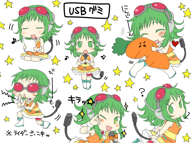 oharu, gumi, ultraseven, macross, macross frontier, ultra series, ultraseven (series), vocaloid, 1girl, ?, blush, colored eyelashes, frilled thigh strap, green eyes, green hair, holding, holding paper, legs together, m/, microphone, miniskirt, music, musical note, one eye closed, paper, ribbon-trimmed skirt, ribbon trim, short hair, singing, sitting, skirt, standing, star (symbol), tail, thigh strap, usb, voice actor connection, wink