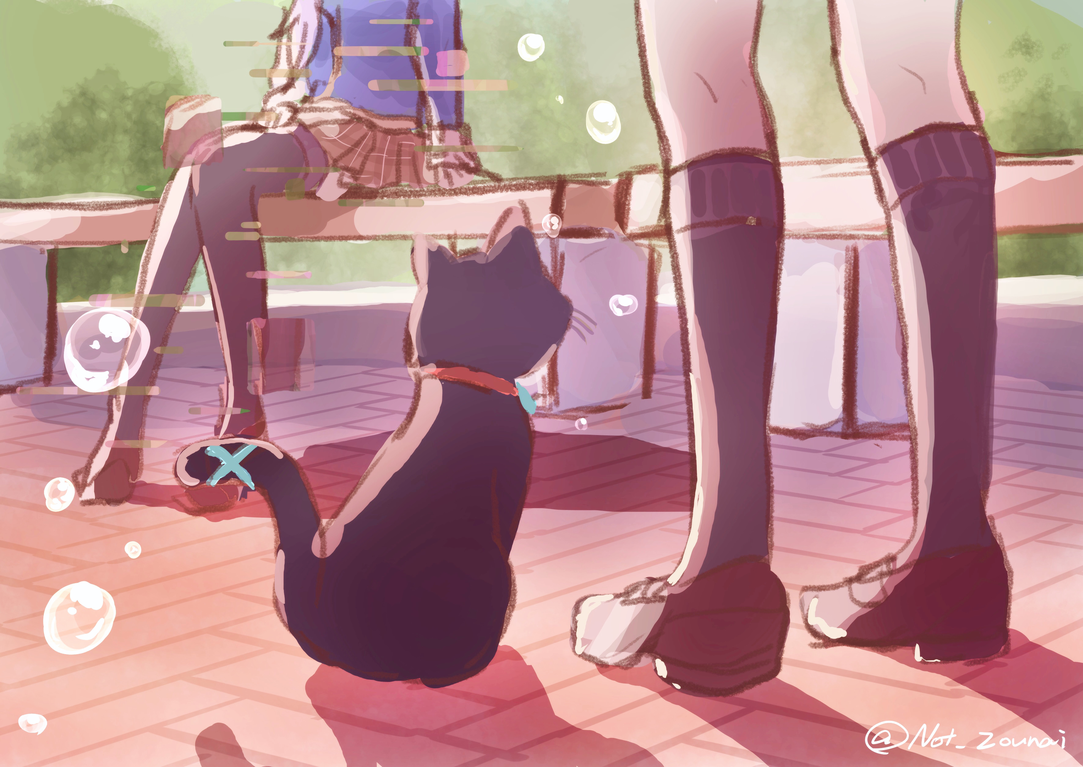 kurauchi naya, izumi yuki (heaven burns red), kayamori ruka, heaven burns red, absurdres, commentary request, highres, 1other, 2girls, bench, bubble, cat, kneehighs, multiple girls, sitting, socks, twitter username