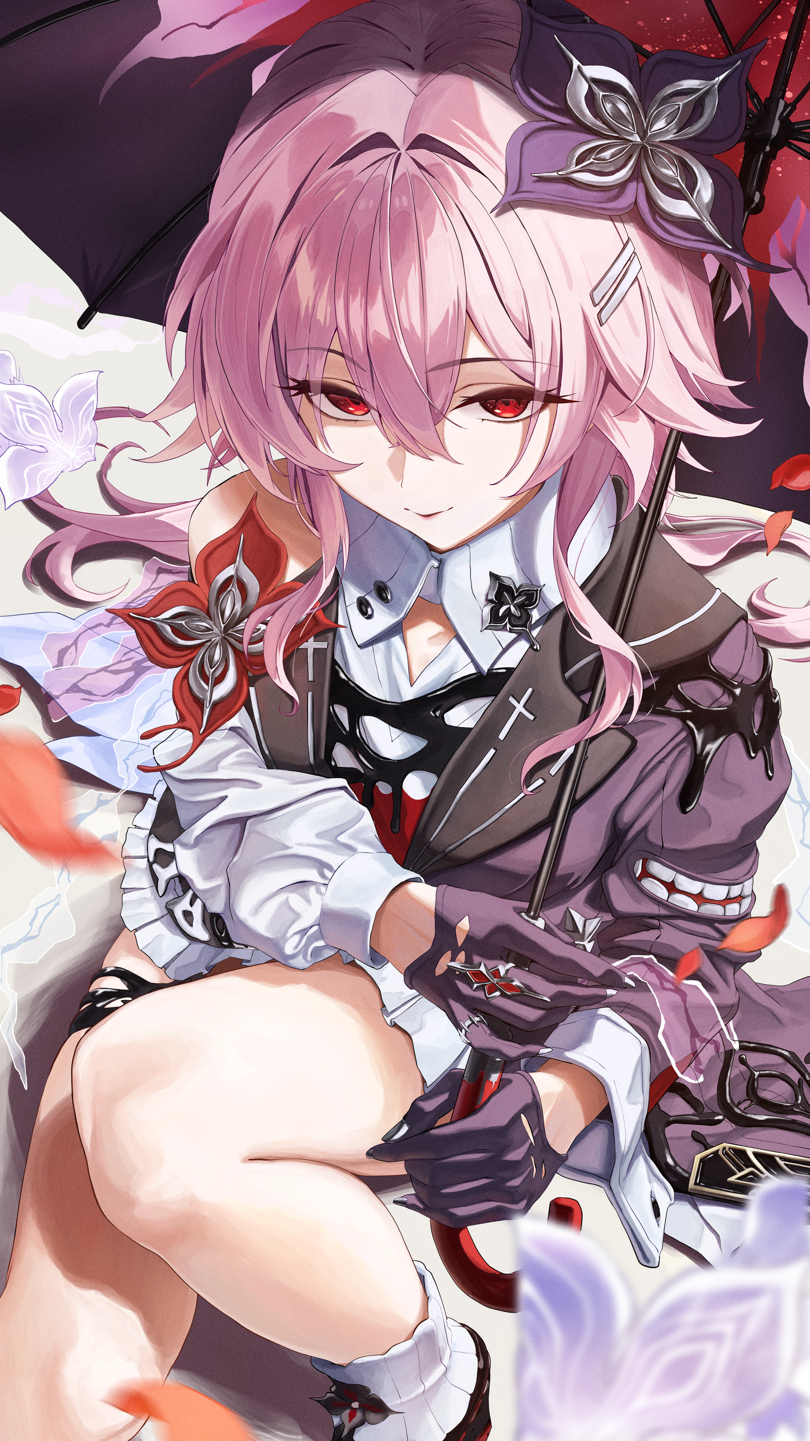 bocchi (kuropom7), evernight (honkai: star rail), march 7th (honkai: star rail), honkai: star rail, honkai (series), absurdres, commentary request, highres, 1girl, asymmetrical dress, black dress, black flower, black gloves, black umbrella, dress, flower, flower ornament, from above, gloves, hair between eyes, hair flower, hair ornament, half-jacket, holding, holding umbrella, knee up, long hair, looking at viewer, pink hair, red eyes, shirt, smile, solo, umbrella, white shirt