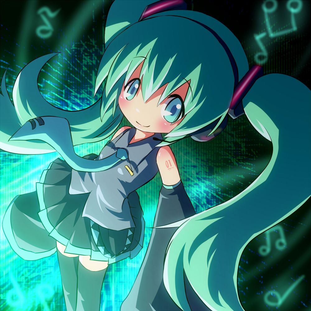 ayakashi (monkeypanch), hatsune miku, vocaloid, bad id, bad pixiv id, green eyes, green hair, headset, long hair, necktie, skirt, solo, thighhighs, twintails, very long hair, zettai ryouiki