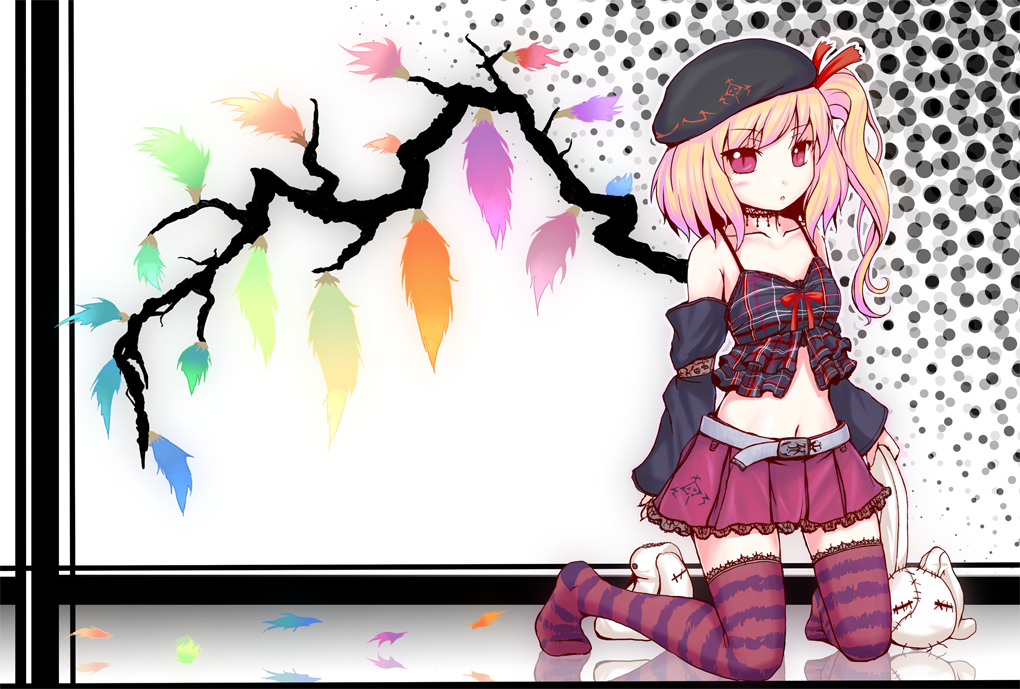 neru fia, flandre scarlet, touhou, 1girl, alternate costume, belt, blonde hair, collar, detached sleeves, female focus, hat, kneeling, lingerie, navel, negligee, ponytail, rabbit, red eyes, reflection, short hair, side ponytail, skirt, slit pupils, solo, striped clothes, striped thighhighs, stuffed animal, stuffed toy, thighhighs, underwear, wings