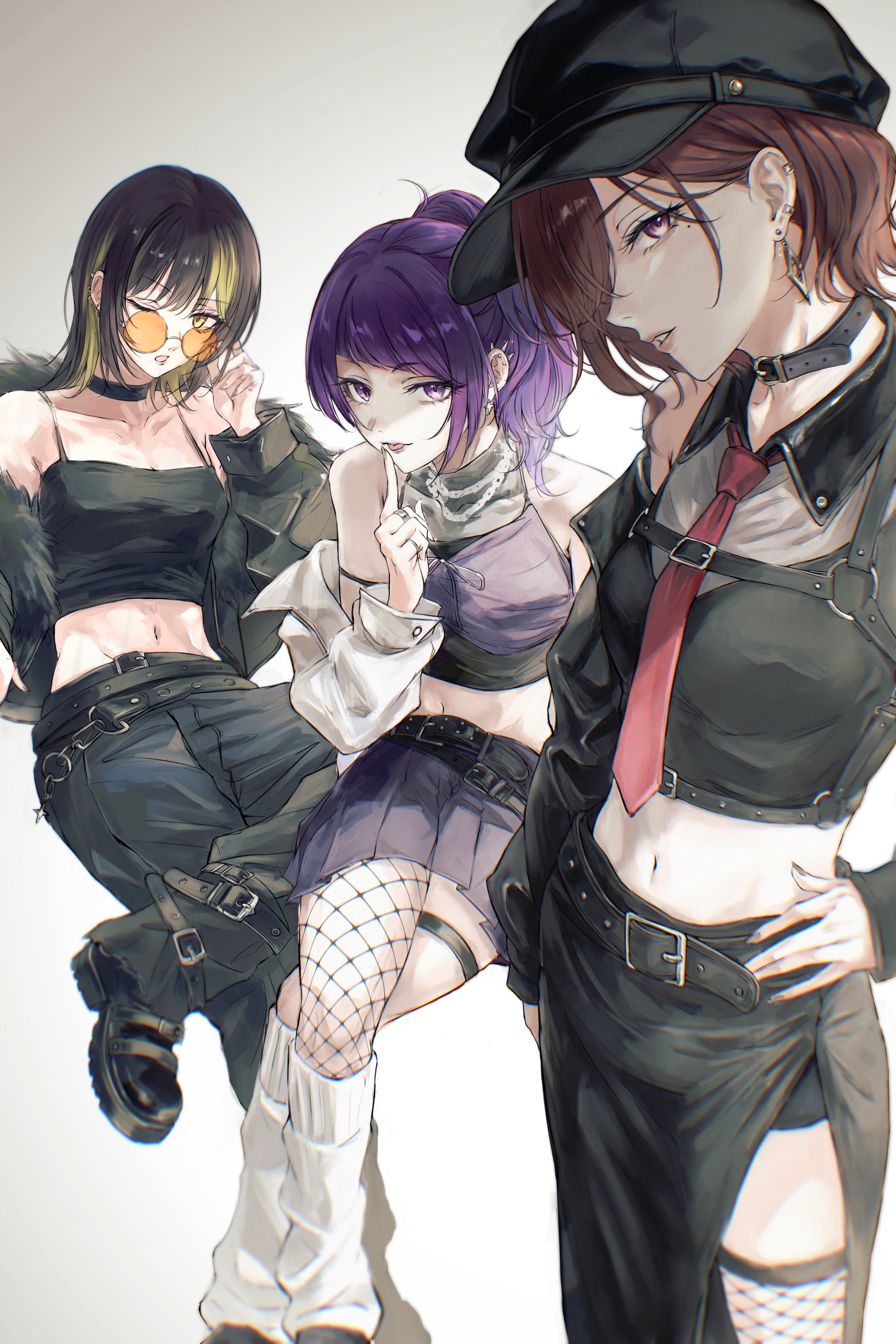 sushizanmai (sorahaaoi7), higuchi madoka, ikaruga luca, tanaka mamimi, idolmaster, idolmaster shiny colors, absurdres, highres, 3girls, ;o, black choker, black hair, black jacket, black shirt, black skirt, blonde hair, blunt bangs, chain, chain necklace, chest harness, choker, cropped shirt, diagonal bangs, ear piercing, earrings, fur-trimmed jacket, fur trim, harness, invisible chair, jacket, jewelry, looking at viewer, loose socks, midriff, miniskirt, multicolored hair, multiple girls, navel, necklace, necktie, one eye closed, orange-tinted eyewear, piercing, pleated skirt, ponytail, purple skirt, red necktie, round eyewear, shirt, single fishnet legwear, sitting, skirt, socks, standing, stomach, streaked hair, tinted eyewear, two-tone hair, white socks