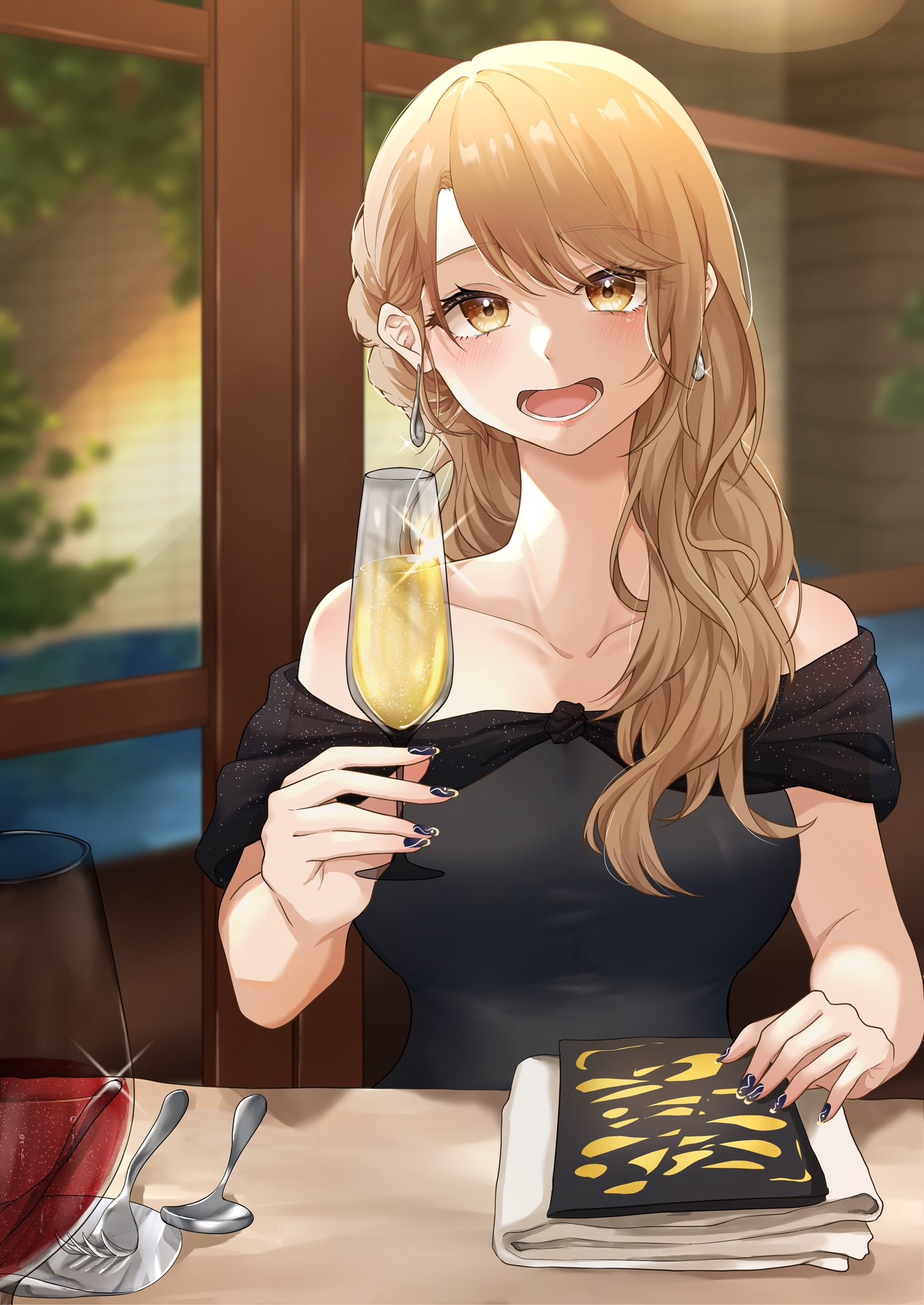 light (lightpicture33), isshiki iroha, yahari ore no seishun lovecome wa machigatteiru., commentary request, highres, 1girl, :d, alcohol, alternate breast size (larger), alternate costume, alternate hairstyle, bare shoulders, black dress, black nails, blush, breasts, brown eyes, brown hair, champagne, champagne flute, collarbone, cup, dress, drinking glass, earrings, fork, glint, hair over shoulder, holding, holding cup, indoors, jewelry, large breasts, long hair, looking at viewer, mismatched earrings, nail polish, off-shoulder dress, off shoulder, open mouth, pov across table, smile, solo, spoon, table, upper body, window, wine glass