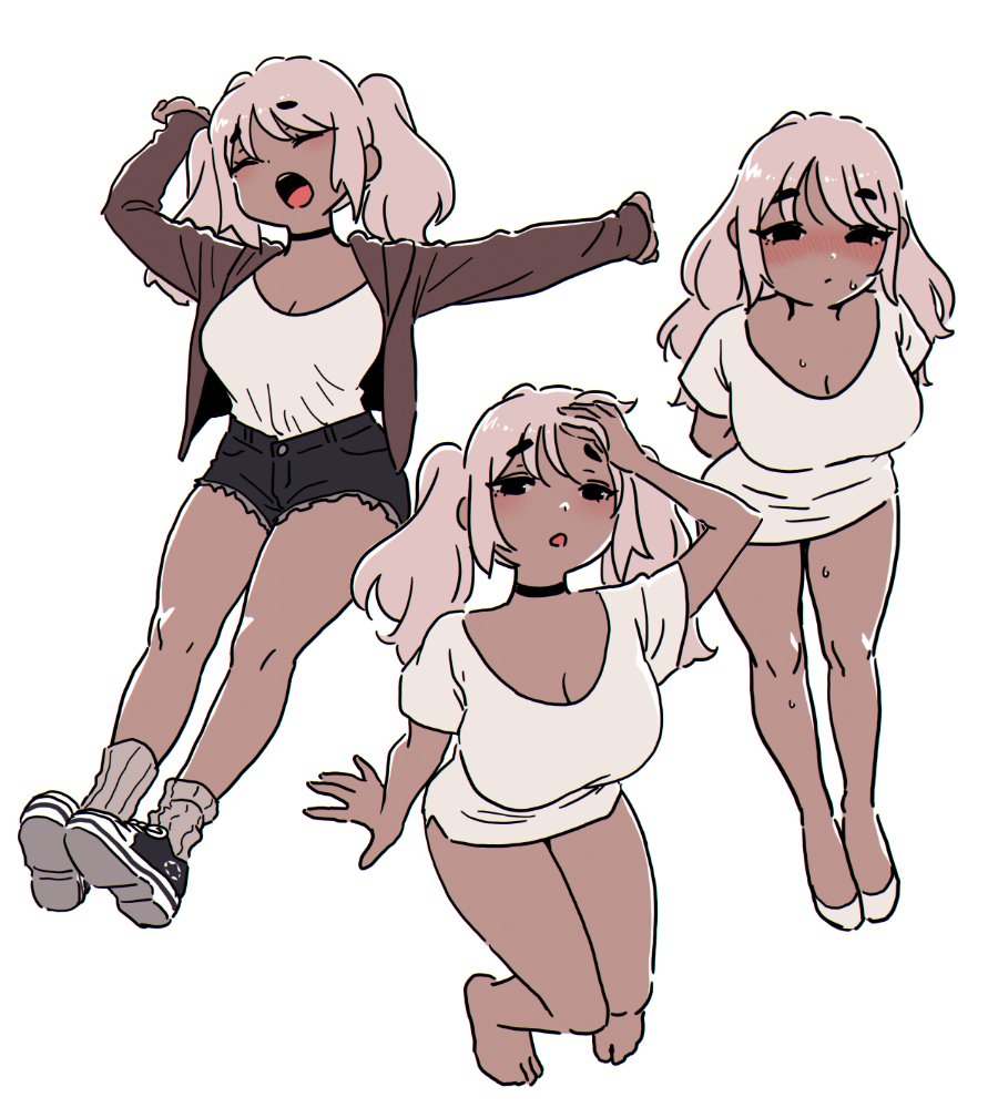 royal tea, original, 1girl, breasts, cleavage, closed eyes, dark skin, jacket, large breasts, multiple persona, multiple views, open mouth, shoes, shorts, simple background, sneakers, twintails, white background