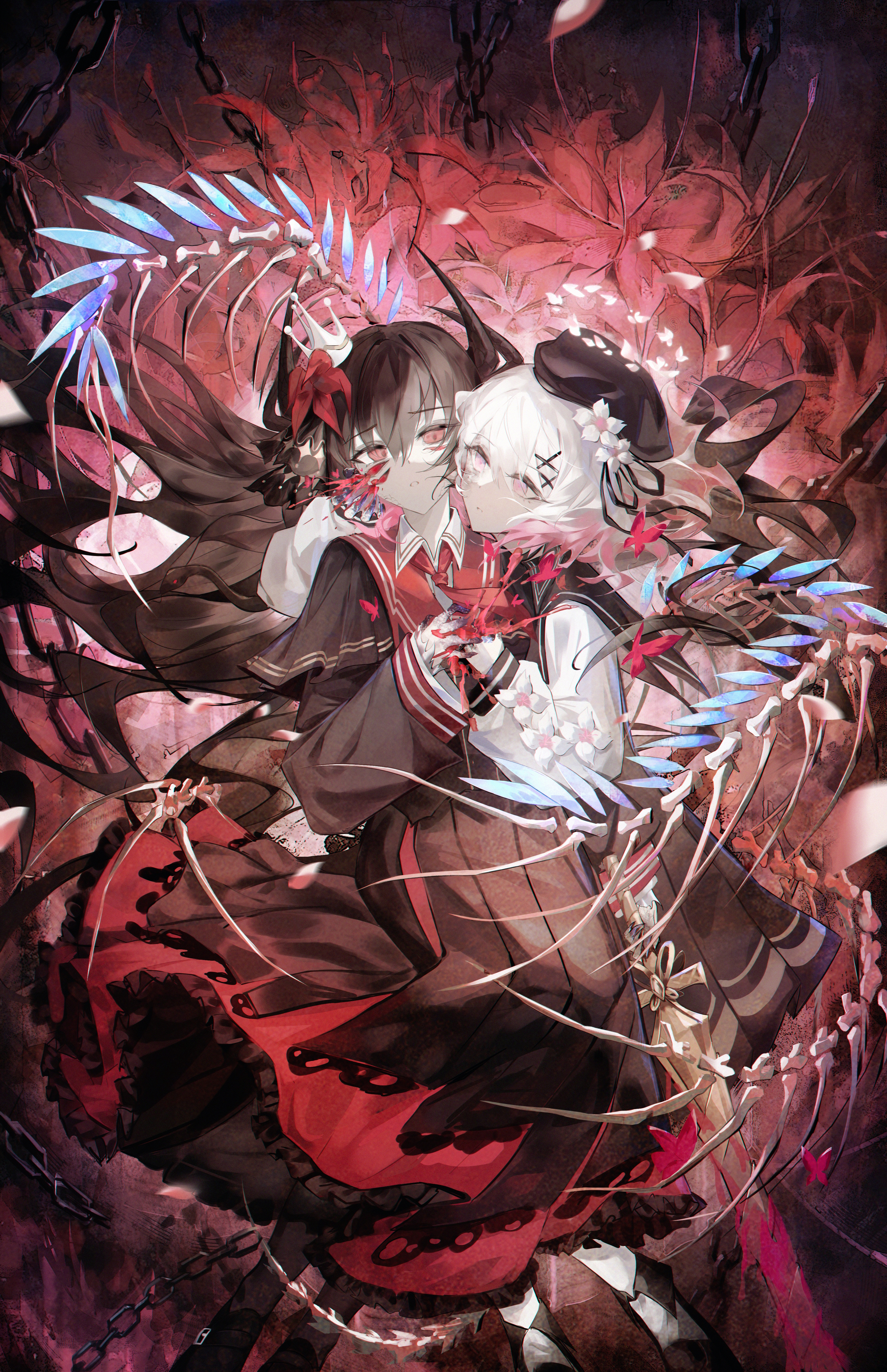 juejianyami, nikaido hiro, sakuraba ema, mahou shoujo no majo saiban, absurdres, chinese commentary, commentary request, highres, partial commentary, spoilers, 2girls, beret, black dress, black hair, black hat, bug, butterfly, chain, colored extremities, crown, demon horns, dress, extra eyes, extra horns, fingernails, flower, gradient hair, hair flower, hair ornament, hat, holding hands, horns, insect, multicolored hair, multiple girls, necktie, pink eyes, pink hair, red butterfly, red eyes, red flower, red necktie, sharp fingernails, skeletal wings, snake hair, white flower, white hair, wings, witch (manosaba), x hair ornament