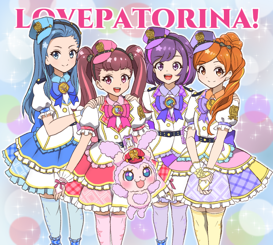 onomekaman, tokusatsu, commentary, 4girls, :d, aiba tsubasa (girls x heroine), animification, aose kohana, back bow, belt, black belt, black hairband, blonde streaks, blue bow, blue bowtie, blue dress, blue hair, blue hat, blue streaks, blue thighhighs, blush, bow, bowtie, brown hair, buttons, chibikemo, closed mouth, collared dress, colorful background, creature, dot nose, dress, emblem, english text, feet out of frame, frilled dress, frilled sleeves, frilled wrist cuffs, frills, girls x heroine, gold buttons, gold trim, hairband, hands on another's shoulders, hat, heart, heart in eye, high ponytail, high side ponytail, idol, jacket, lapels, layered dress, long hair, looking at viewer, lovepat blue, lovepat pink, lovepat purple, lovepat shine, lovepyoco, magical girl, medallion, mini hat, multicolored dress, multicolored fur, multicolored hair, multiple girls, nanairo sora, open mouth, orange hair, outline, pink bow, pink bowtie, pink dress, pink eyes, pink fur, pink hat, pink streaks, pink thighhighs, plaid clothes, plaid dress, police, police hat, police uniform, police x heroine lovepatrina!, policewoman, ponytail, puffy short sleeves, puffy sleeves, purple bow, purple bowtie, purple dress, purple eyes, purple fur, purple hair, purple hat, purple streaks, purple thighhighs, rabbit, red hat, shiraha sarai, short hair, short sleeves, smile, split mouth, straight hair, streaked hair, studded belt, swept bangs, symbol in eye, teeth, thighhighs, tilted headwear, twintails, two-tone fur, two-tone hair, upper teeth only, v arms, white jacket, white outline, white wrist cuffs, wrist cuffs, yellow thighhighs