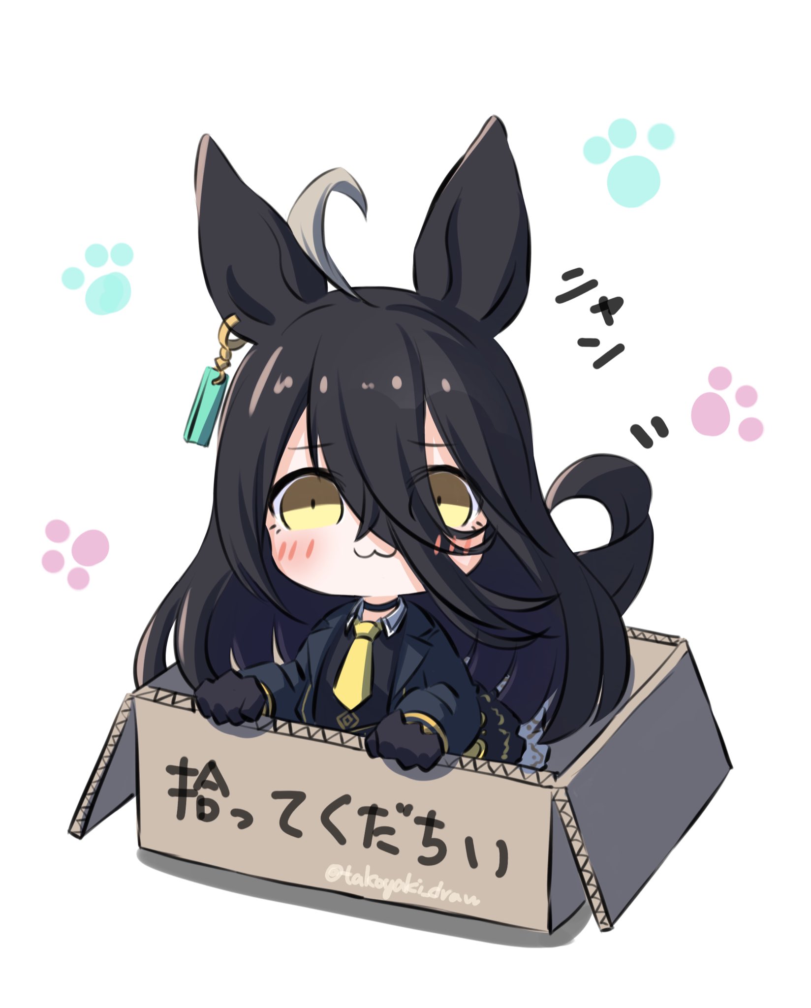 takoyaki (takoyaki draw), manhattan cafe (creeping shadow) (umamusume), manhattan cafe (umamusume), umamusume, commentary, highres, 1girl, ahoge, animal ears, black choker, black coat, black gloves, black hair, black shirt, black skirt, blush, box, cardboard, cardboard box, chibi, choker, closed mouth, coat, collared shirt, ear tag, earrings, for adoption, gloves, hair between eyes, horse ears, horse girl, horse tail, in box, in container, jewelry, long bangs, long hair, long hair between eyes, long sleeves, multicolored hair, necktie, paw print, paw print background, shirt, single earring, skirt, smile, solo, tail, yellow eyes, yellow necktie