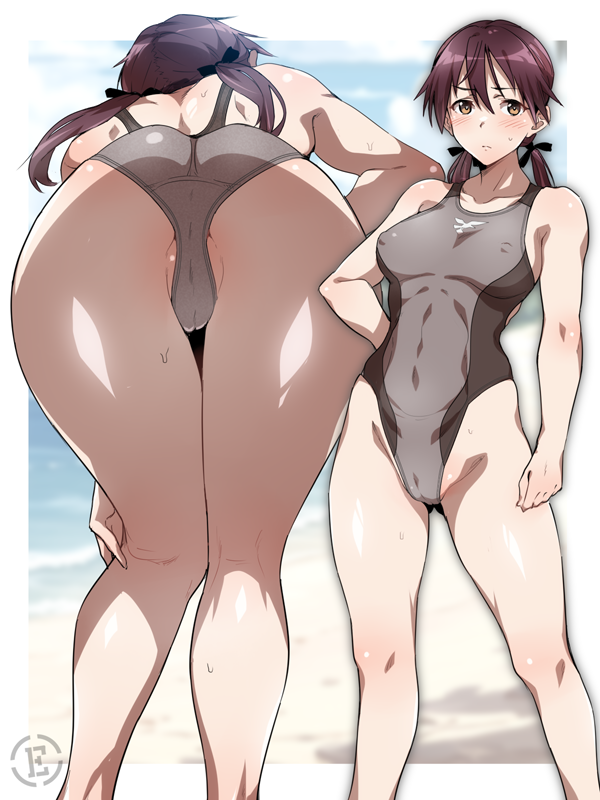 em (totsuzen no hakike), gertrud barkhorn, strike witches, world witches series, commentary request, 1girl, alternate costume, ass, back, blurry, blurry background, blush, breasts, brown eyes, brown hair, feet out of frame, long hair, looking at viewer, medium breasts, multiple views, one-piece swimsuit, pussy, solo, standing, sweat, swimsuit, twintails