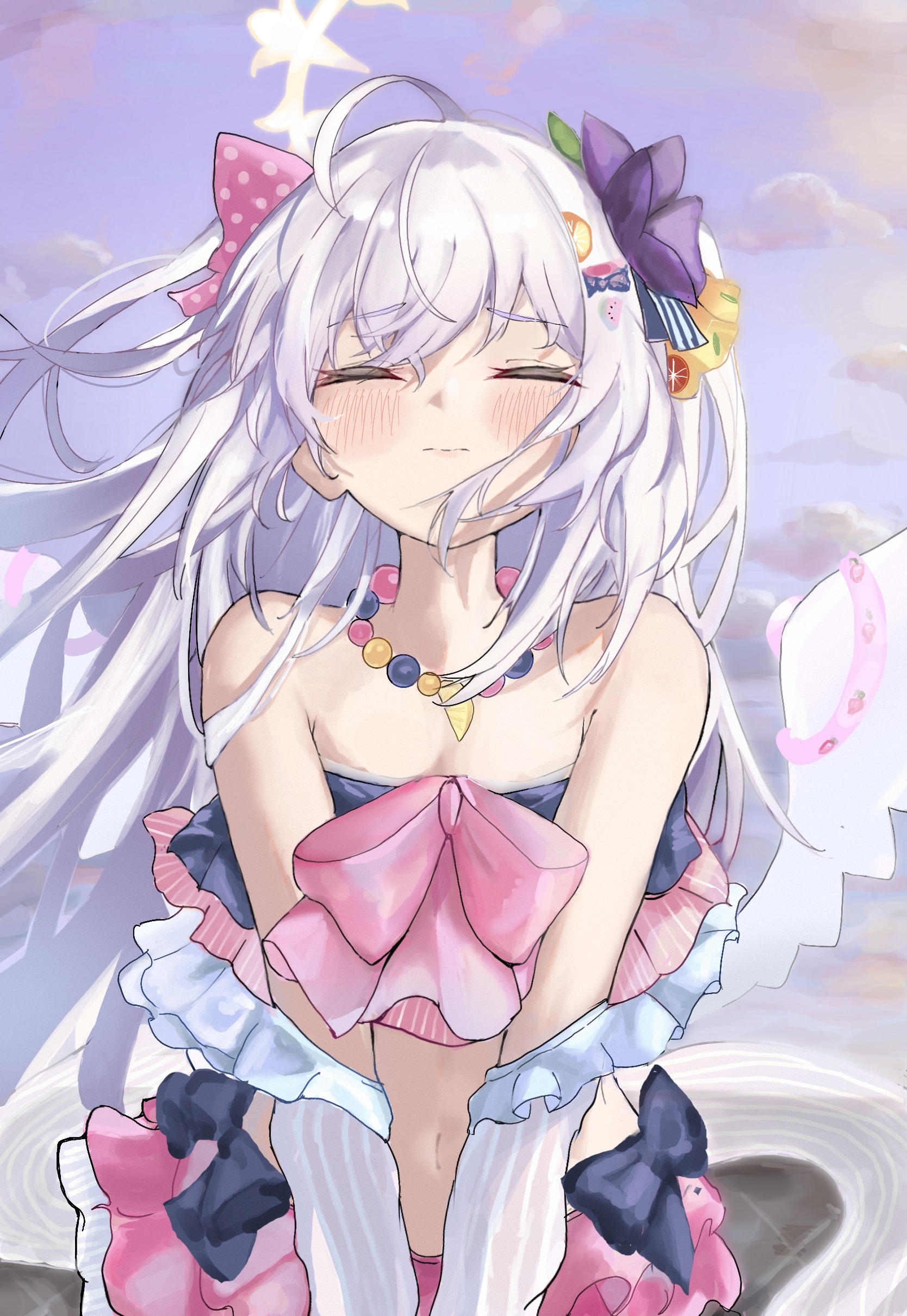 anniu (user vemd7787), azusa (blue archive), azusa (swimsuit) (blue archive), blue archive, absurdres, commentary, highres, 1girl, ahoge, angel wings, bikini, blush, bow, breasts, closed eyes, closed mouth, feathered wings, flower, frills, hair between eyes, hair flower, hair ornament, halo, jewelry, long hair, navel, necklace, official alternate costume, pink bow, purple flower, ruffle bikini, small breasts, solo, swimsuit, very long hair, white hair, white wings, wings