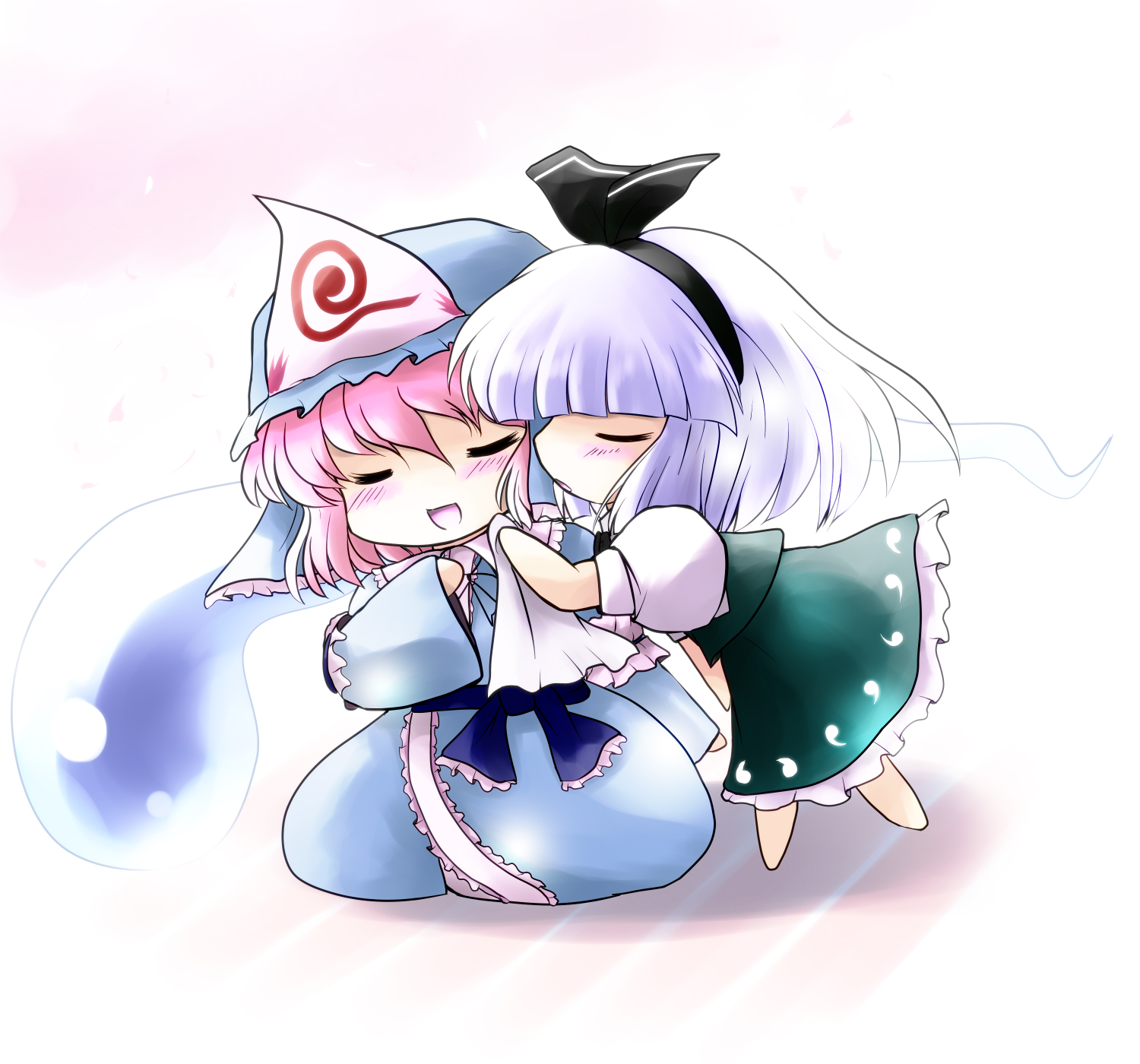 yume shokunin, konpaku youmu, konpaku youmu (ghost), saigyouji yuyuko, touhou, silver hair, highres, 2girls, blush, chibi, closed eyes, female focus, gradient background, hairband, hat, japanese clothes, kimono, multiple girls, pink hair, skirt, white background