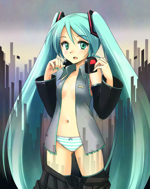 regdic, hatsune miku, vocaloid, 1girl, aqua eyes, aqua hair, aqua nails, detached sleeves, female focus, headphones, long hair, nail polish, navel, no bra, open clothes, open shirt, panties, shirt, shirt down, skirt, solo, striped clothes, striped panties, thighhighs, twintails, underwear