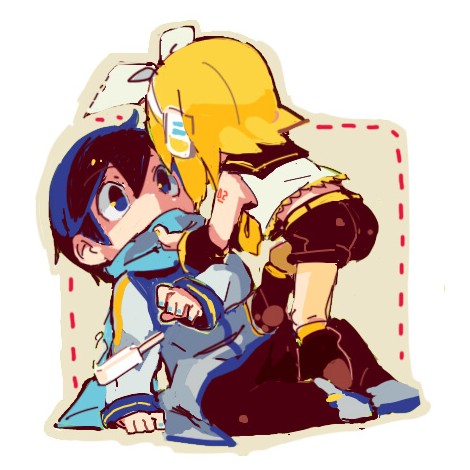 8'108, kagamine rin, kaito (vocaloid), vocaloid, grabbing, bad id, bad pixiv id, lowres, 1boy, 1girl, angry, blonde hair, blue eyes, blue hair, blue scarf, chibi, food, hair ribbon, ice cream, ribbon, scarf, short hair