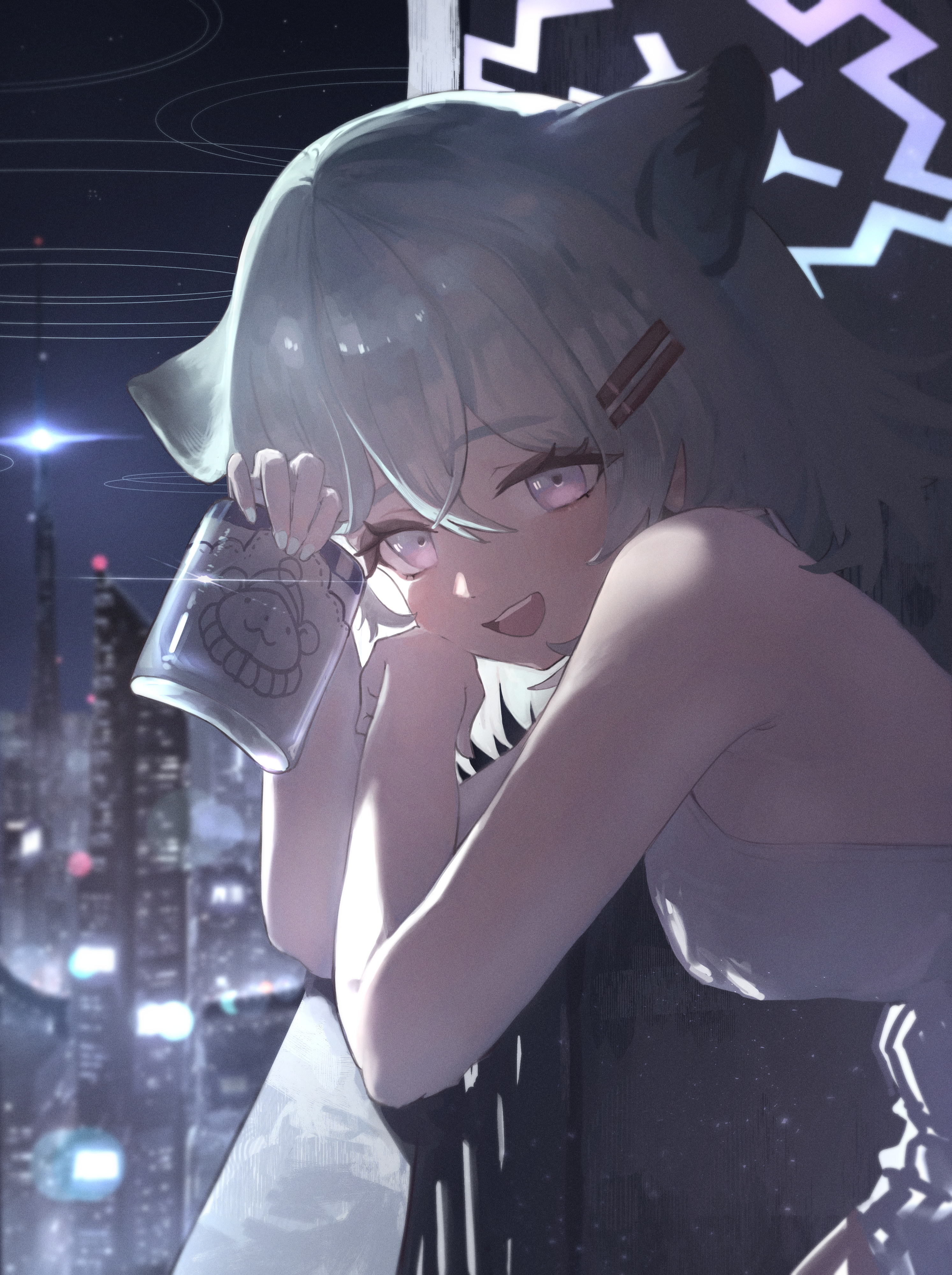 ll dal, shigure (blue archive), blue archive, absurdres, commentary, highres, 1girl, against railing, animal ears, bare shoulders, blue halo, blue nails, building, city, city lights, cityscape, diffraction spikes, dress, flask, from side, glint, gradient halo, hair between eyes, hair ornament, hairclip, halo, hip flask, holding, holding flask, looking at viewer, looking to the side, multicolored halo, nail polish, night, open mouth, outdoors, purple eyes, purple halo, railing, ring of light (blue archive), short hair, sky, skyscraper, smile, solo, weasel ears, weasel girl, white dress
