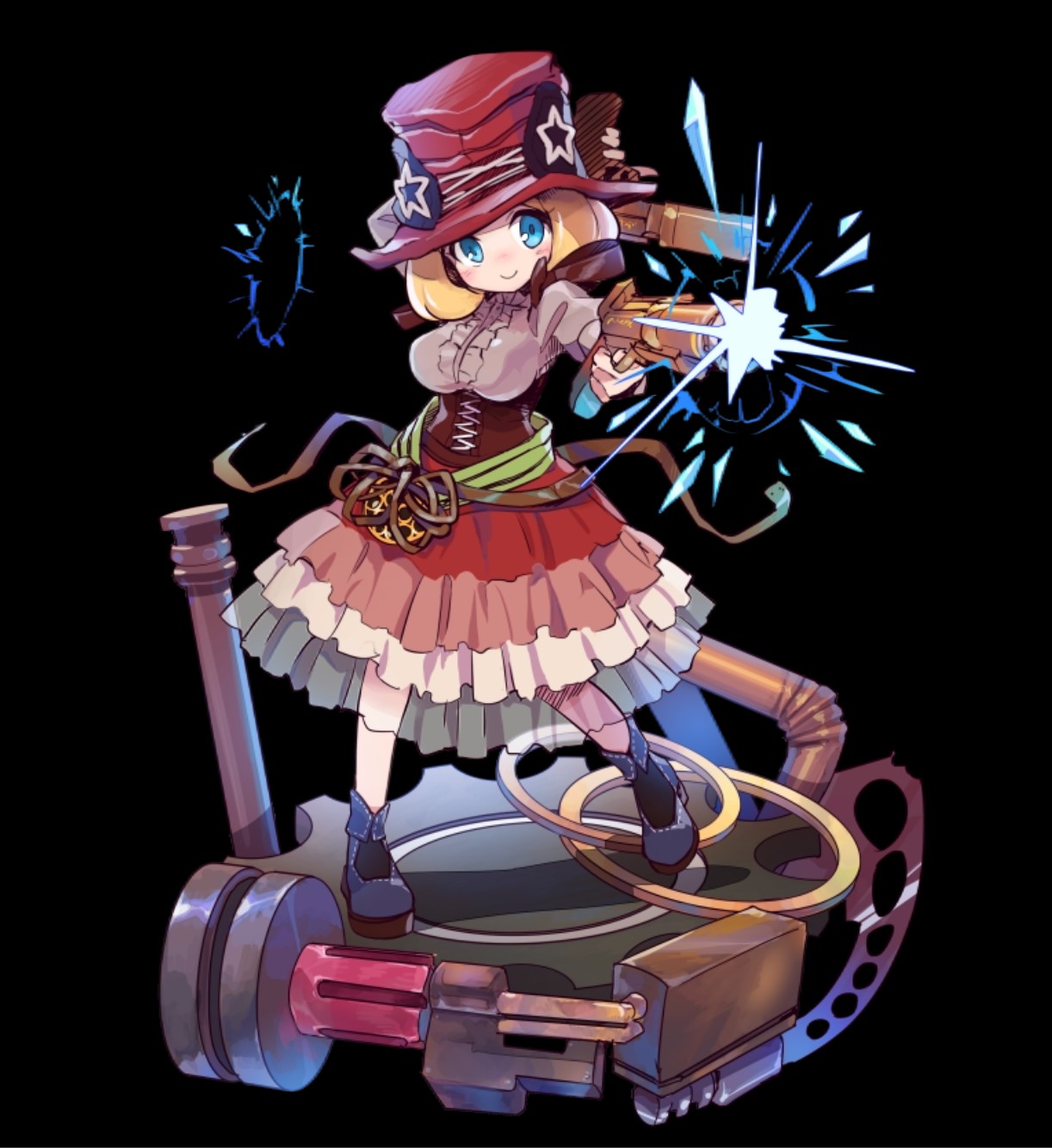merc storia art team, merc storia, highres, official art, 1girl, aqua eyes, arm behind head, arm up, belt, black background, blonde hair, blue boots, blush, boots, breasts, brown corset, brown ribbon, closed mouth, corset, dress, dual wielding, firing, full body, green belt, gun, hand up, hat, holding, holding gun, holding weapon, large breasts, long sleeves, maria (merc storia), puffy long sleeves, puffy sleeves, red hat, ribbon, simple background, smile, solo, standing, tachi-e, top hat, weapon