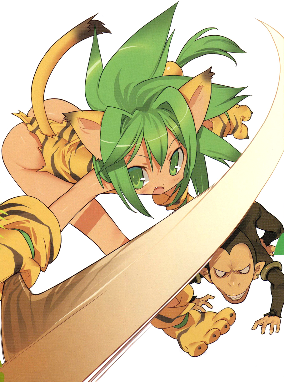 blade (galaxist), cham cham, paku paku, queen's blade, queen's gate, samurai spirits, snk, highres, 1girl, animal ears, animal hands, animal print, ass, boomerang, cat ears, cat tail, gloves, green eyes, green hair, hair ornament, loli, long hair, monkey, no panties, paw gloves, paw shoes, shoes, simple background, sphere hair ornament, tail, tiger print, white background