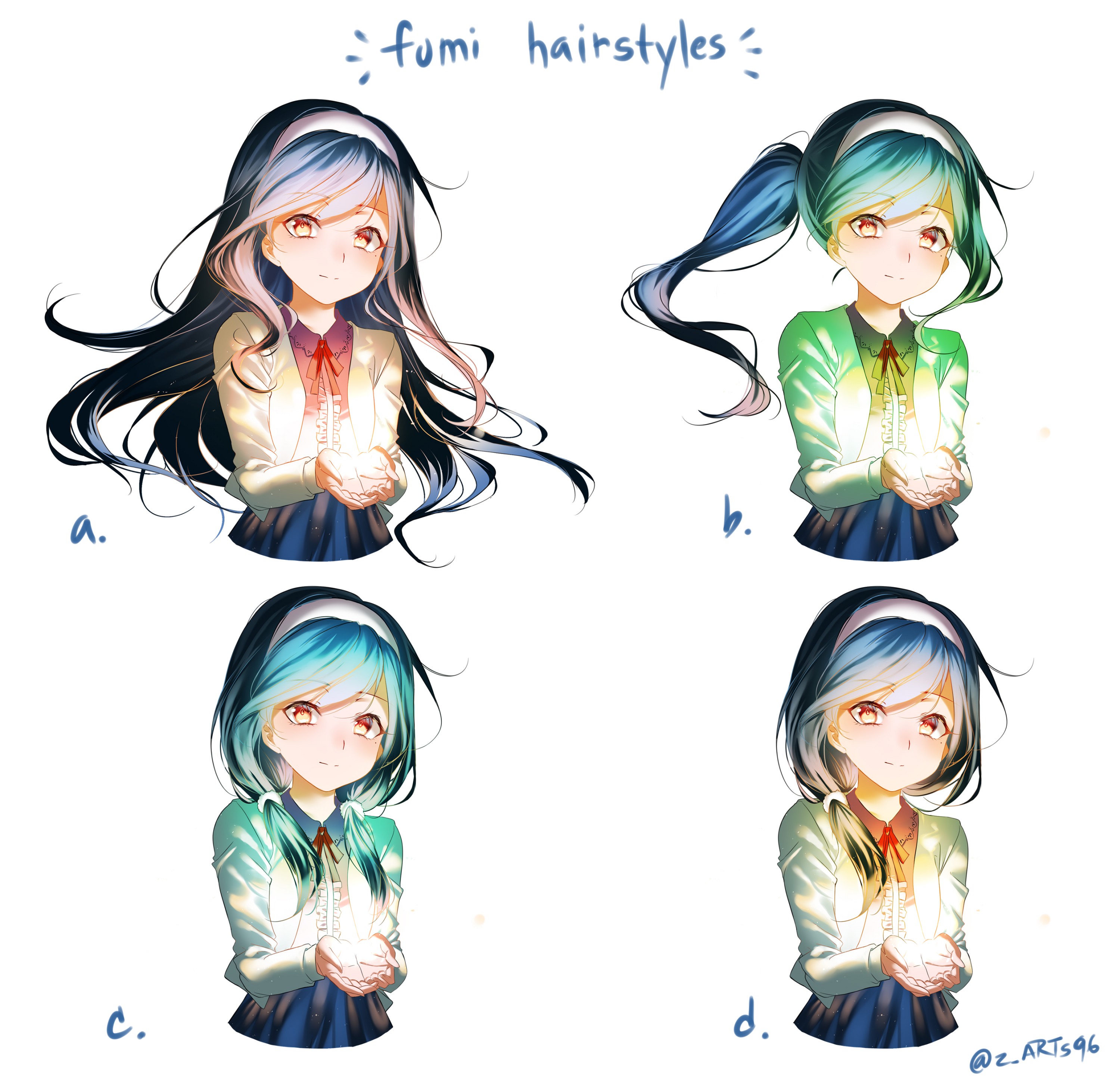 zasshu, furuhashi fumino, bokutachi wa benkyou ga dekinai, absurdres, highres, 1girl, alternate hairstyle, blue hair, hairband, long hair, long sleeves, looking at viewer, low ponytail, low twintails, mole, mole under eye, multiple views, own hands together, ponytail, red eyes, simple background, skirt, solo, standing, twintails, twitter username, white background, white hairband