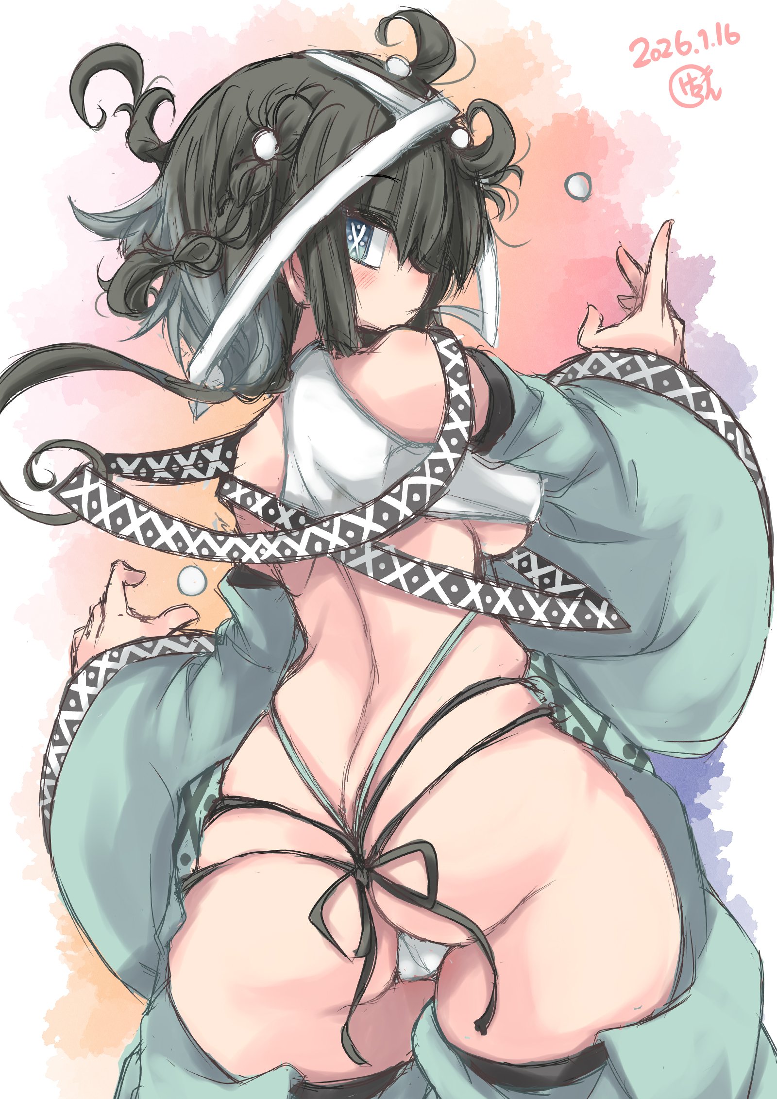 tagme, 0gpcafe0, 1girl, ass, butt crack, expressionless, looking at viewer, looking back