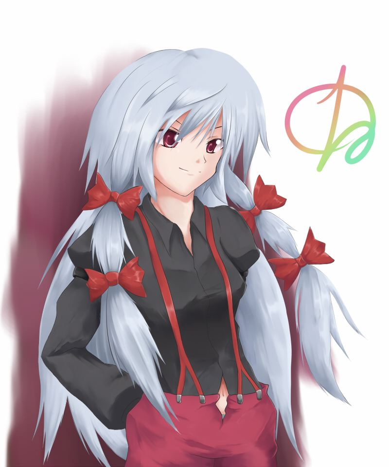 ironote, fujiwara no mokou, touhou, 1girl, female focus, hair ribbon, hands in pockets, long hair, navel, ribbon, smile, solo, white background