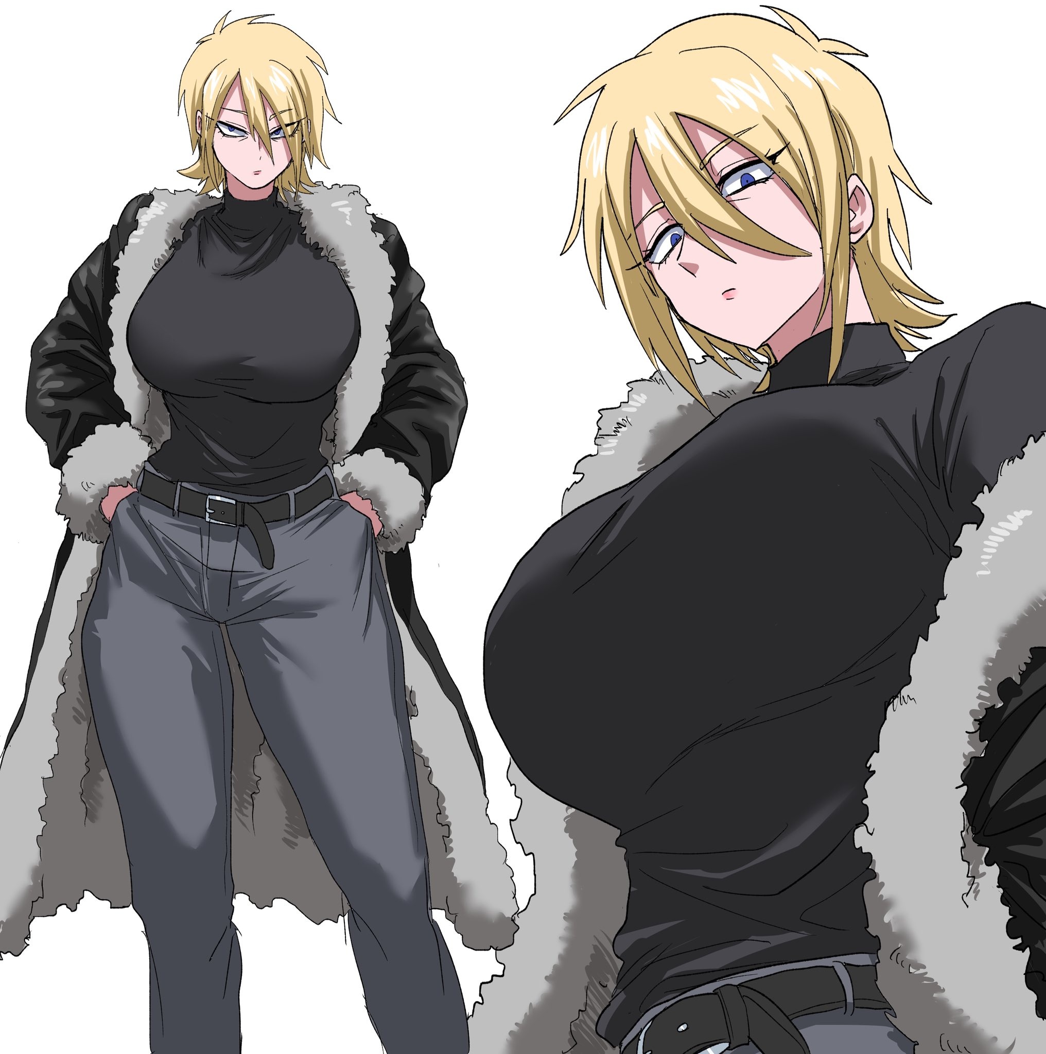 nasu (ilo a5), character request, highres, 1girl, belt, black belt, black jacket, black shirt, blonde hair, blue hair, breasts, coat, denim, eyelashes, feet out of frame, from above, fur trim, hair between eyes, hands in pockets, huge breasts, jacket, jeans, looking down, messy hair, pants, shirt, trench coat, turtleneck, upper body