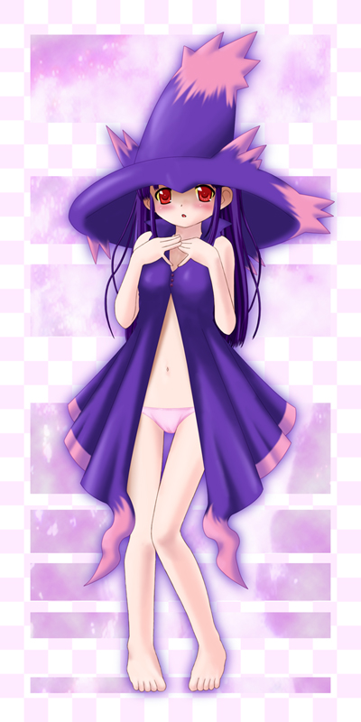 aoi kanan, mismagius, nintendo, pokemon, barefoot, blush, cameltoe, feet, gen 4 pokemon, hat, panties, personification, purple hair, red eyes, toes, underwear